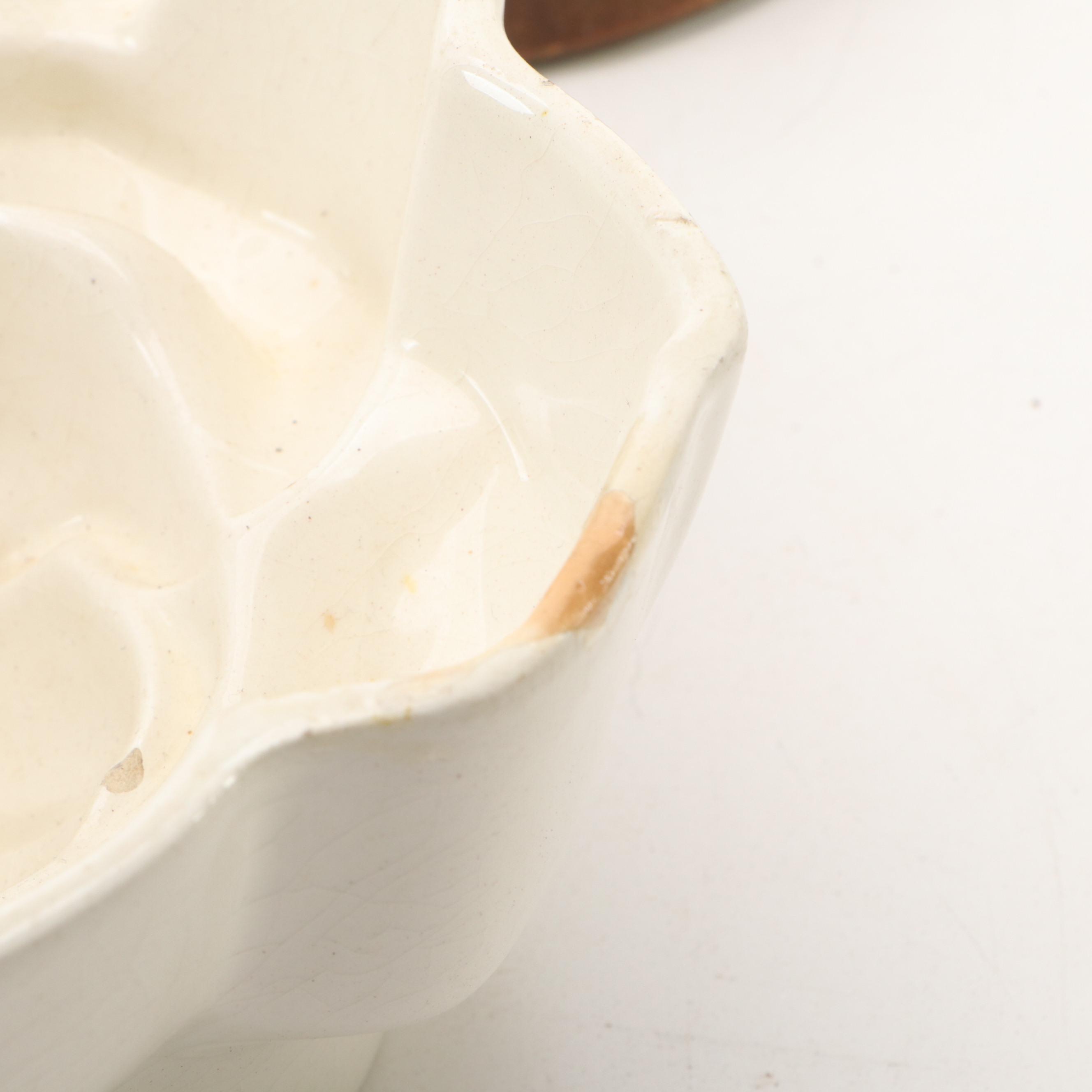 German Floral Ceramic Mold Bowl with Handcrafted Rustic Wood Butter Molds