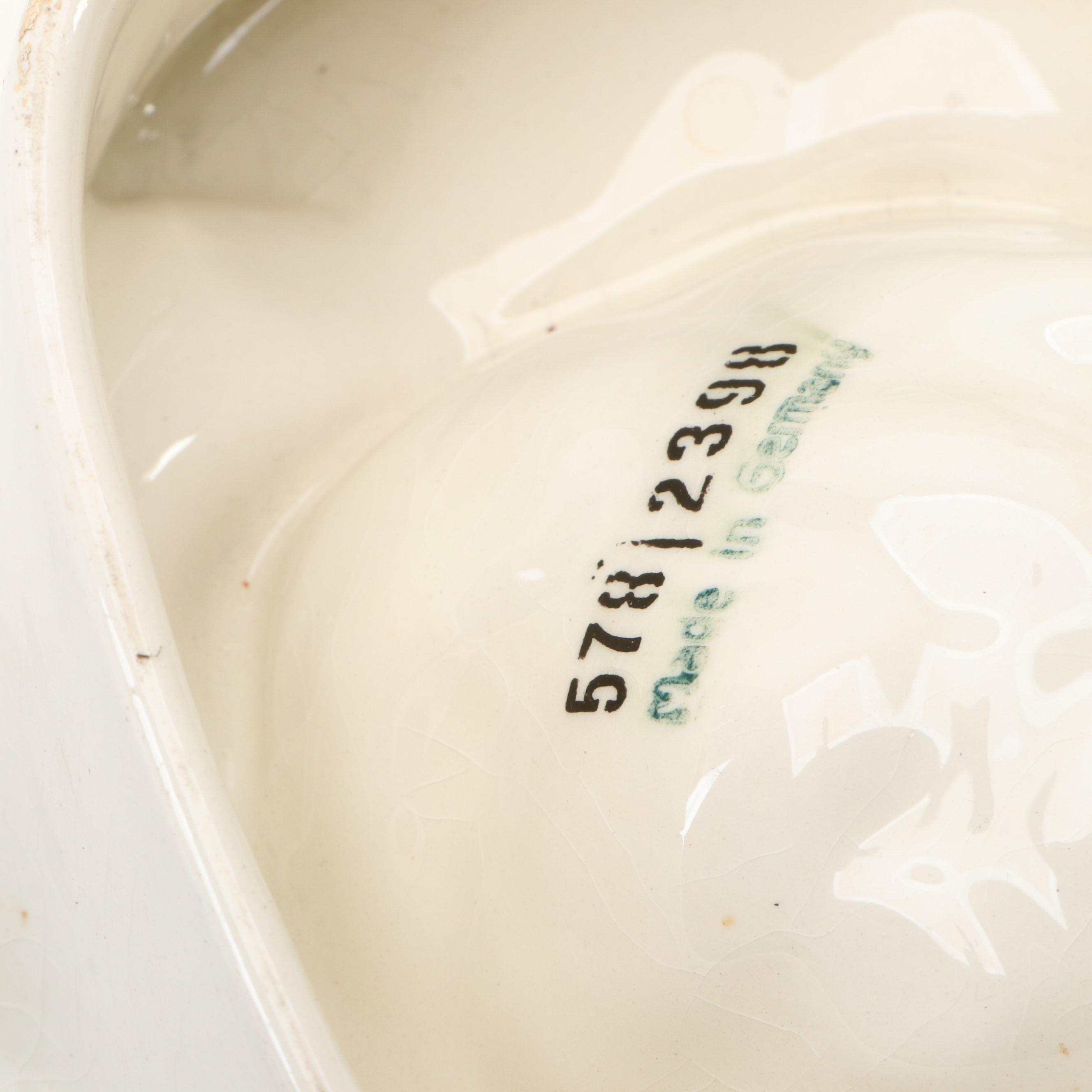 German Floral Ceramic Mold Bowl with Handcrafted Rustic Wood Butter Molds