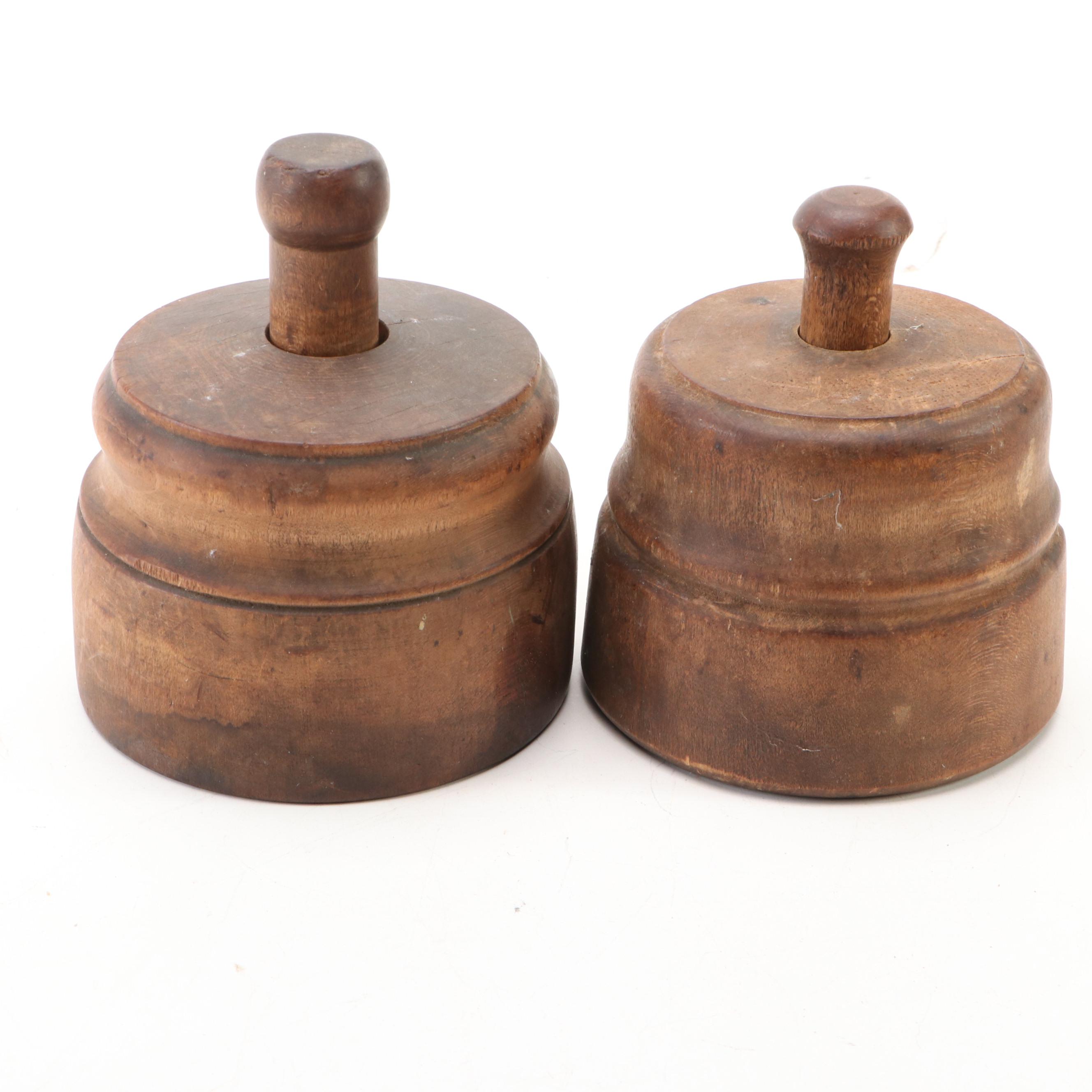 German Floral Ceramic Mold Bowl with Handcrafted Rustic Wood Butter Molds