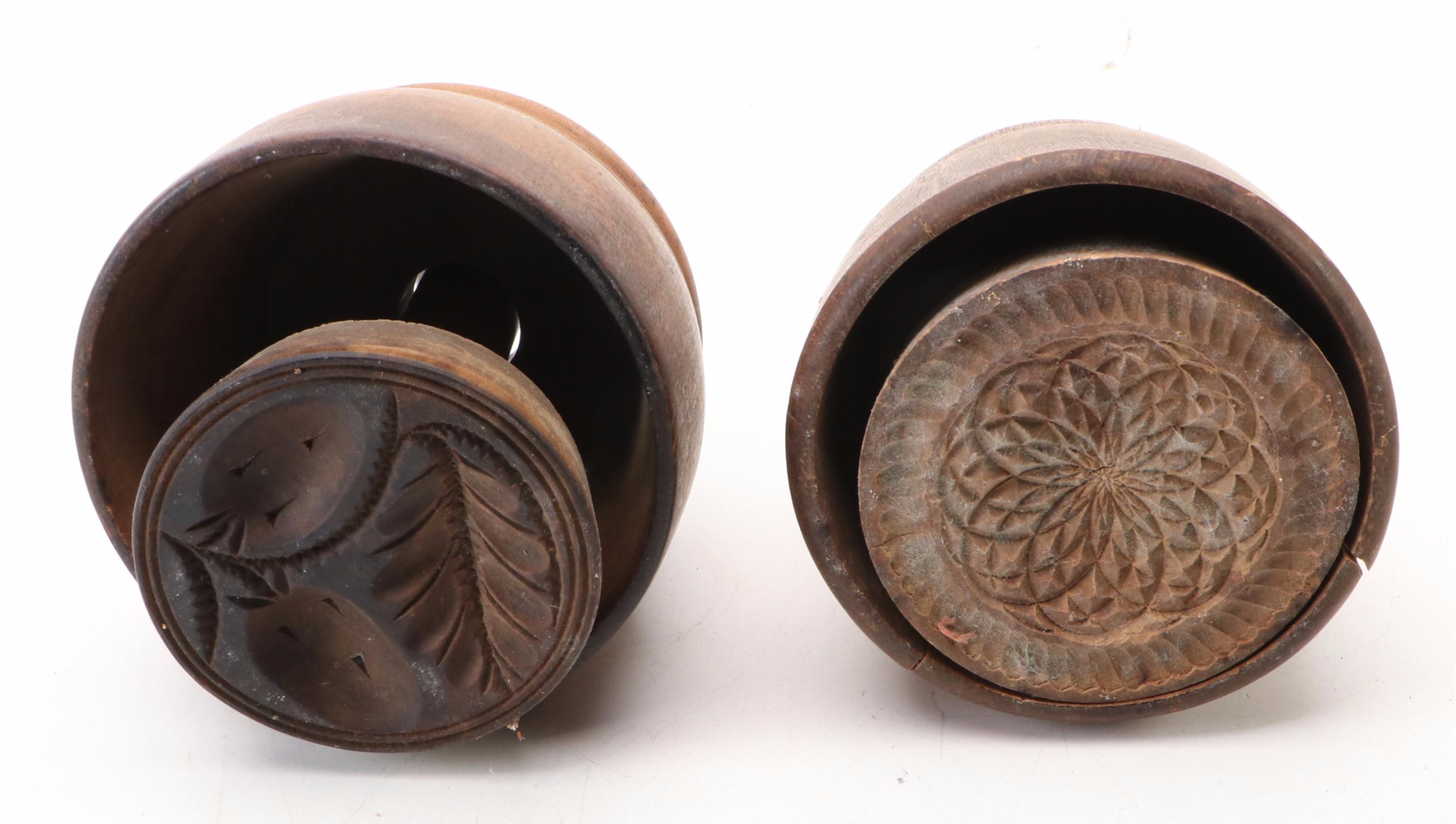 German Floral Ceramic Mold Bowl with Handcrafted Rustic Wood Butter Molds