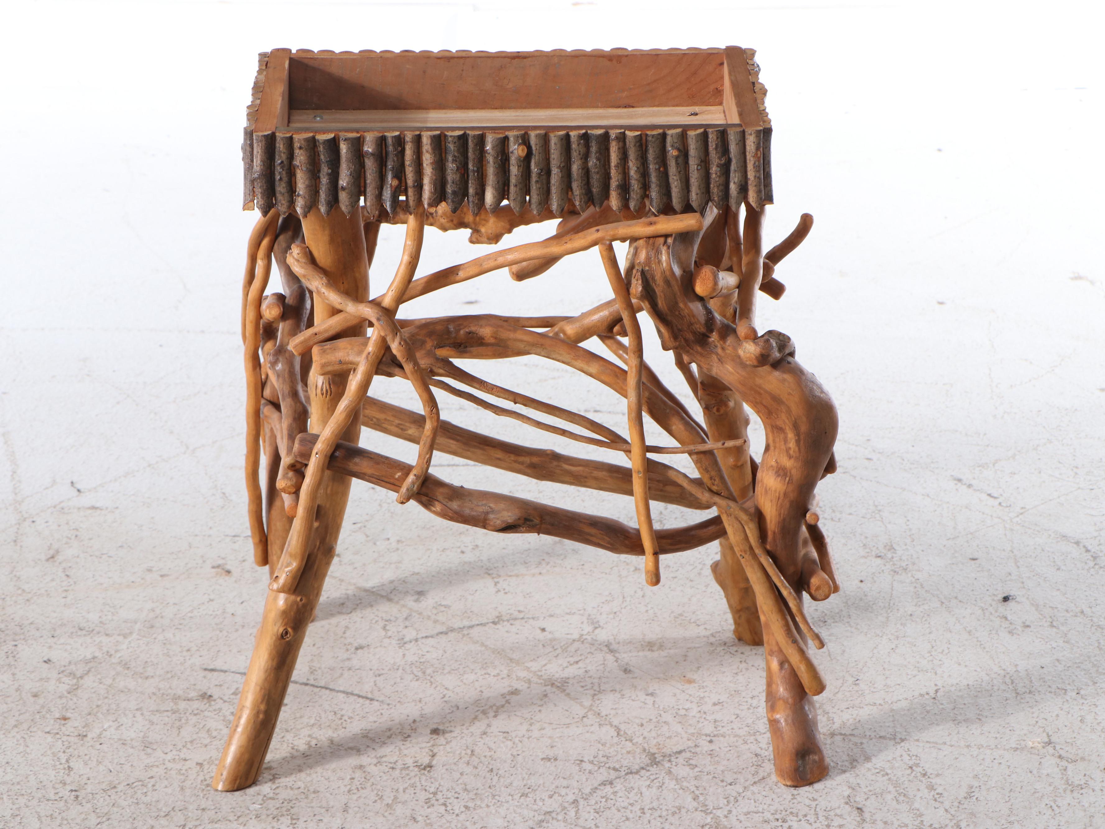 Folk Art Box, Adorned with Horn Coral Fossils on Adirondack Style Twig Stand