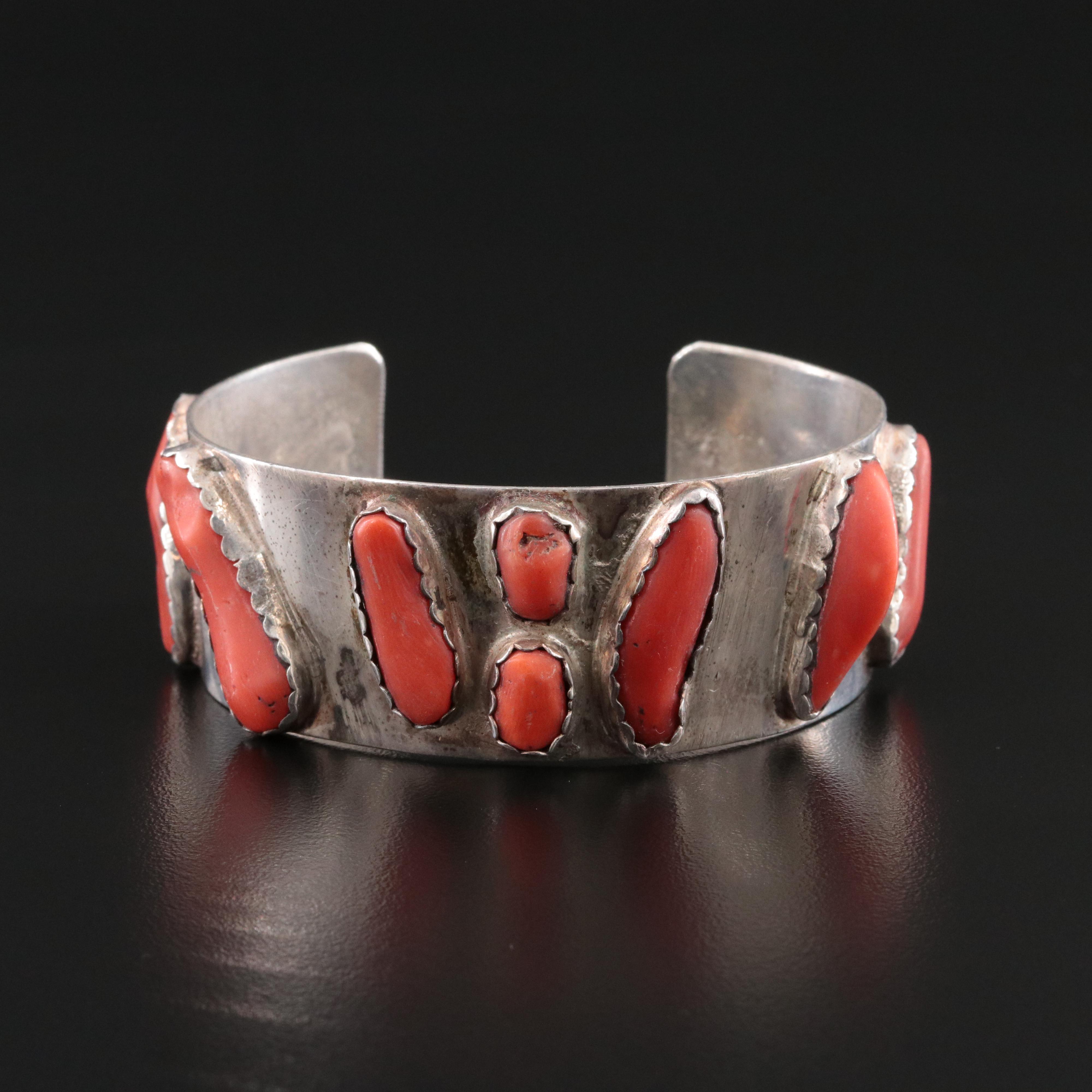 Southwestern Signed Sterling Coral Cuff Bracelet