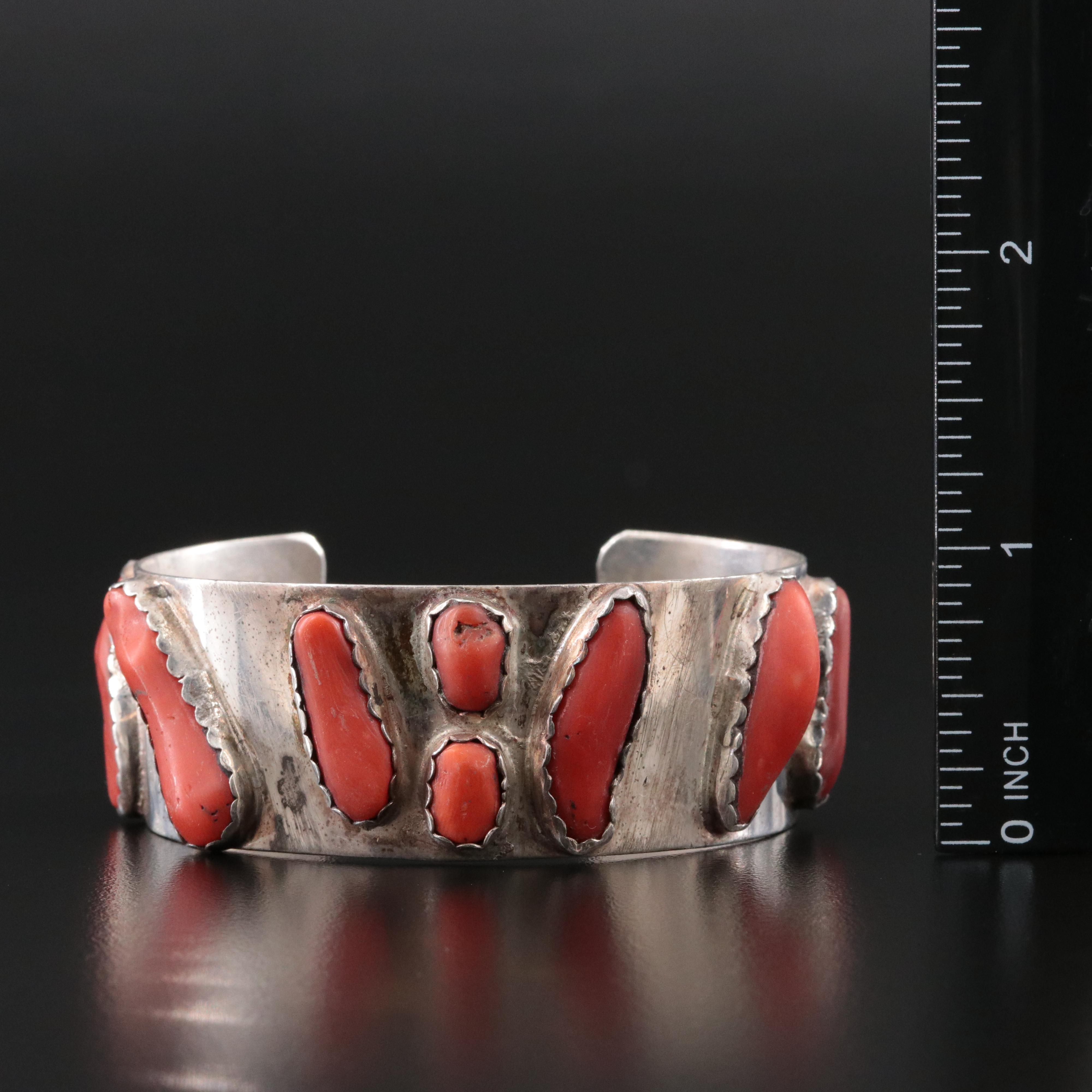 Southwestern Signed Sterling Coral Cuff Bracelet