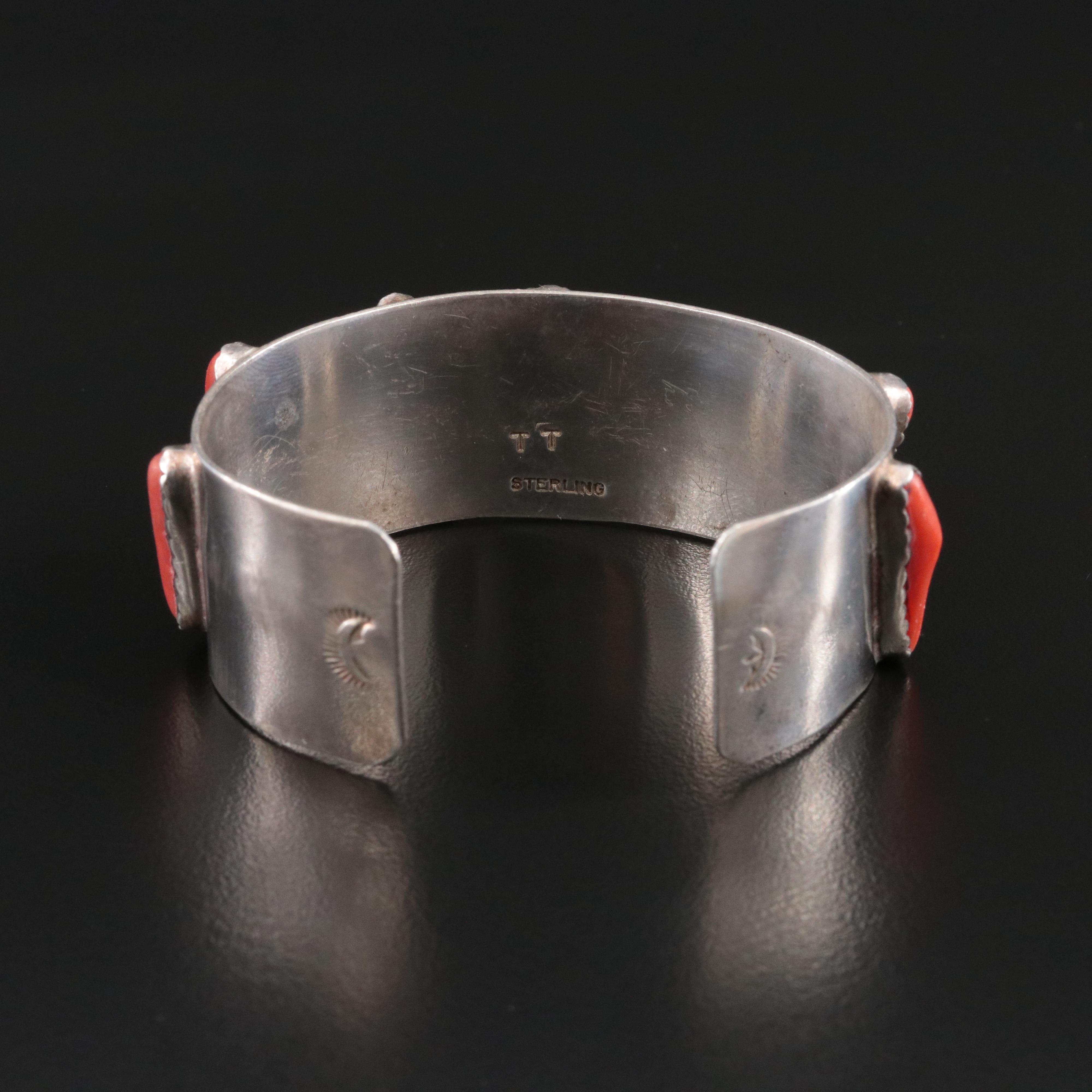 Southwestern Signed Sterling Coral Cuff Bracelet