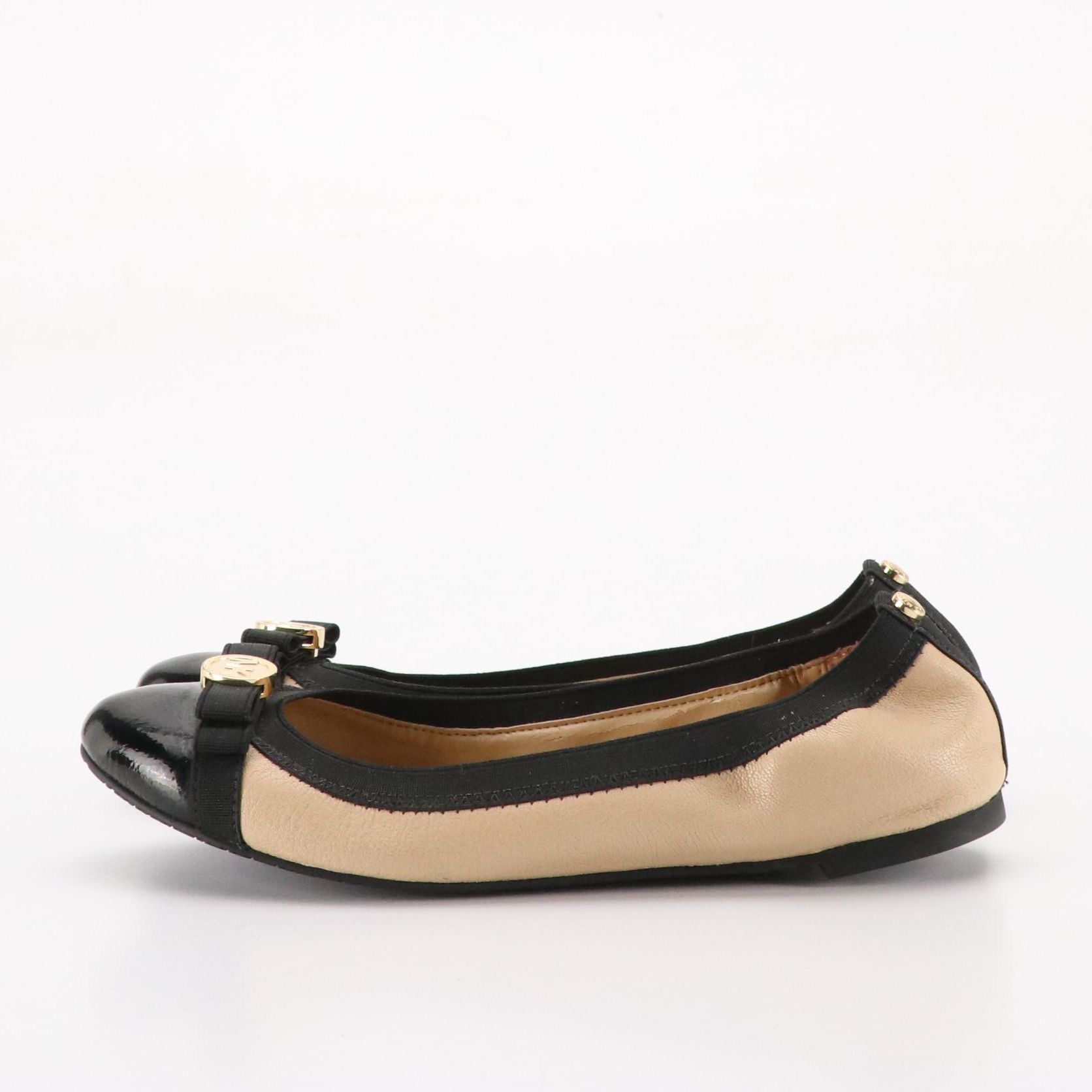 Michael Kors Cork Cap-Toe and Logo Bow Flats in Black and Beige Leather
