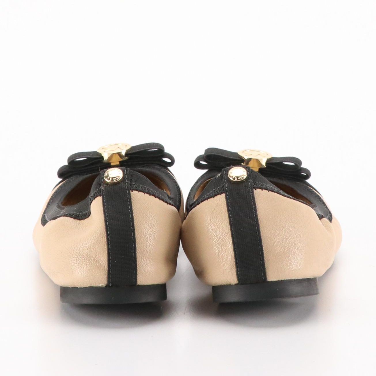 Michael Kors Cork Cap-Toe and Logo Bow Flats in Black and Beige Leather