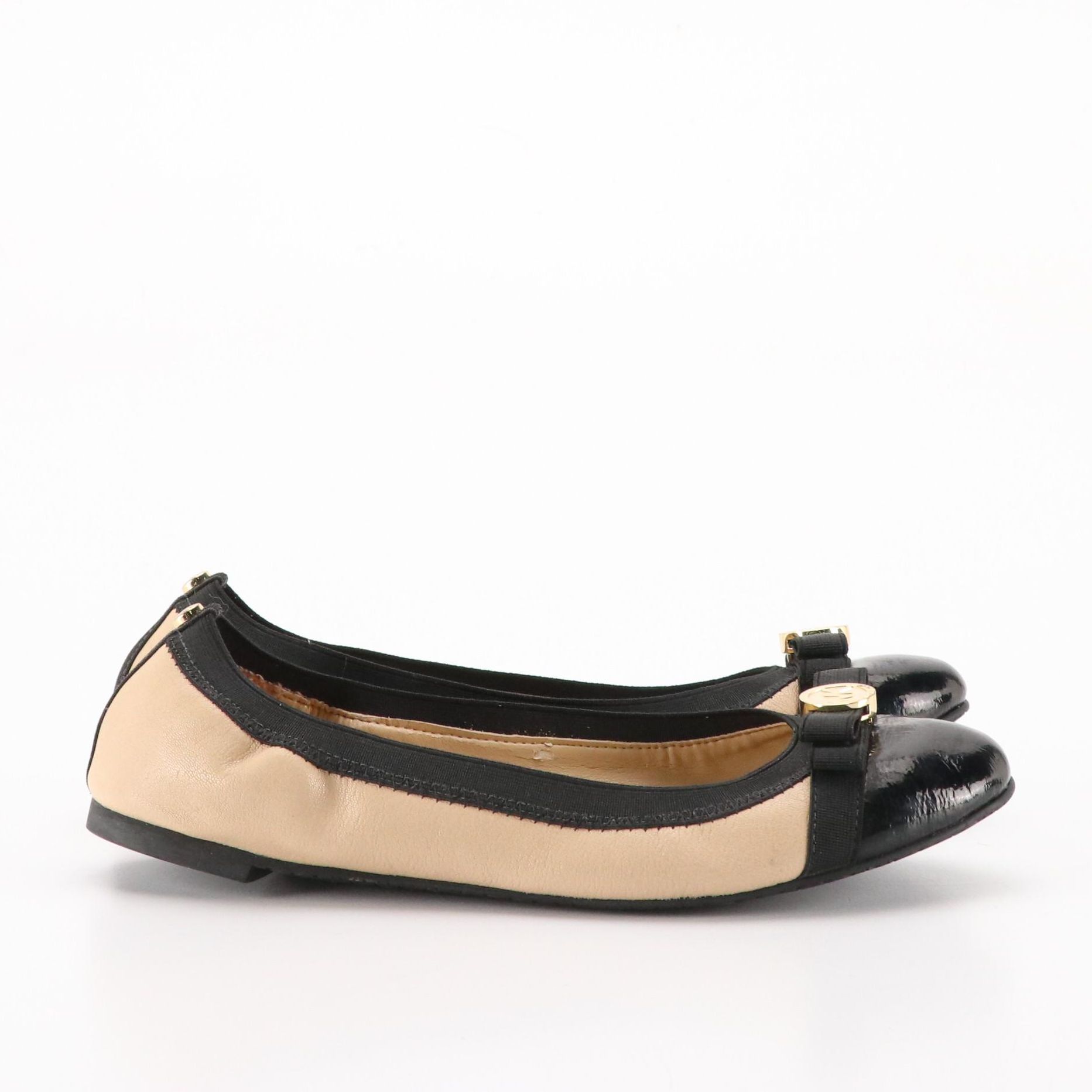 Michael Kors Cork Cap-Toe and Logo Bow Flats in Black and Beige Leather