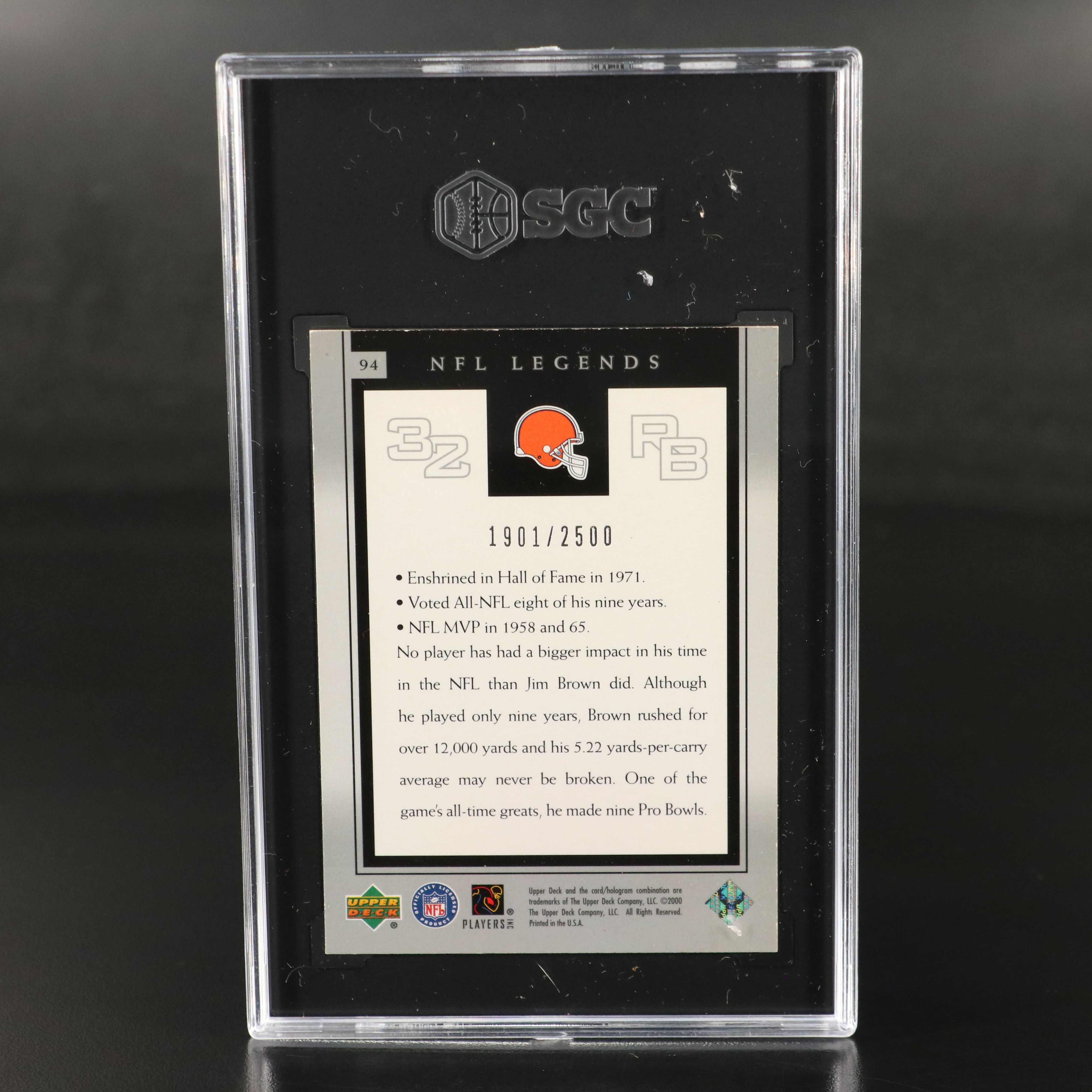 2000 Upper Deck Legends Jim Brown Football Card No. 1901/2500 Graded SGC 8.5