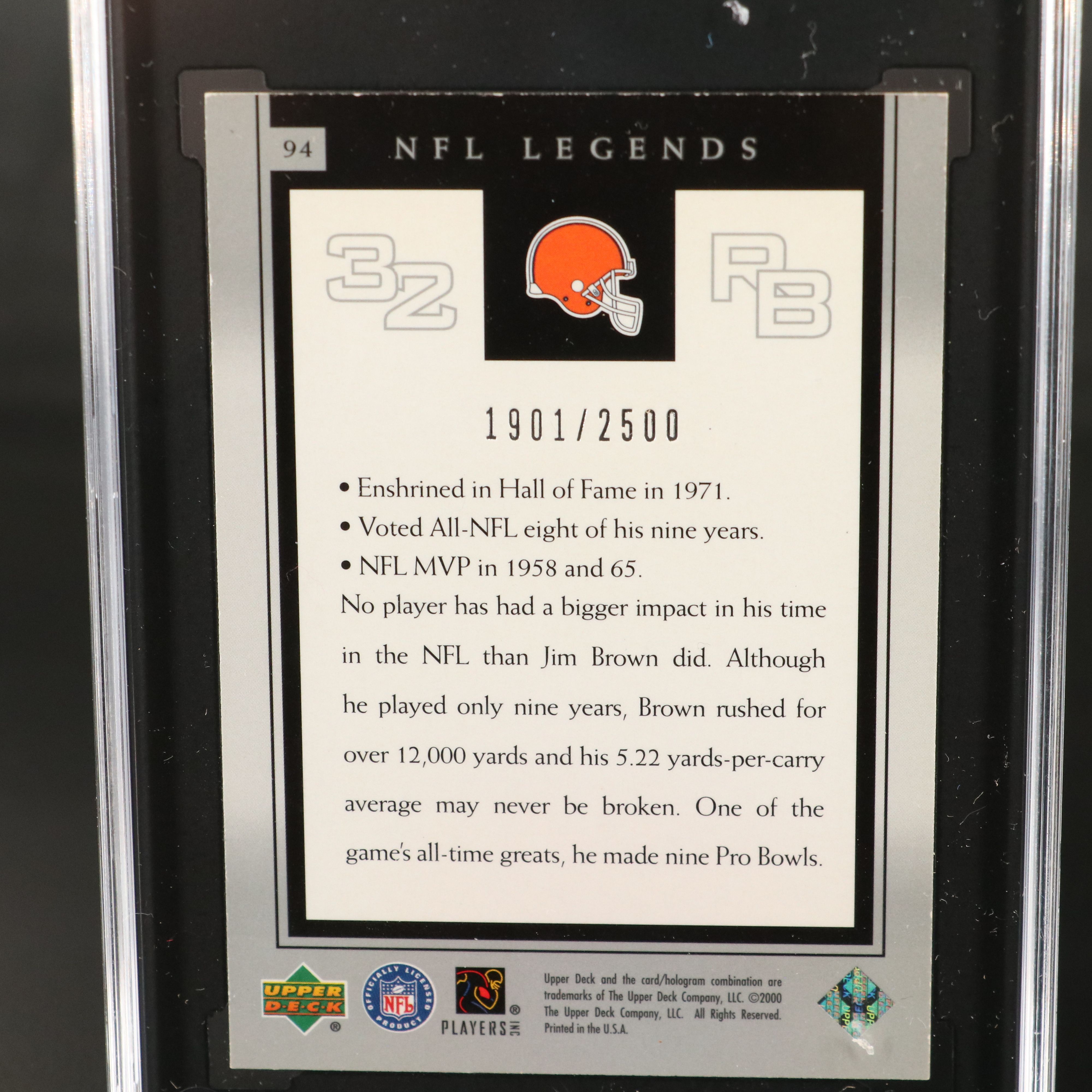 2000 Upper Deck Legends Jim Brown Football Card No. 1901/2500 Graded SGC 8.5