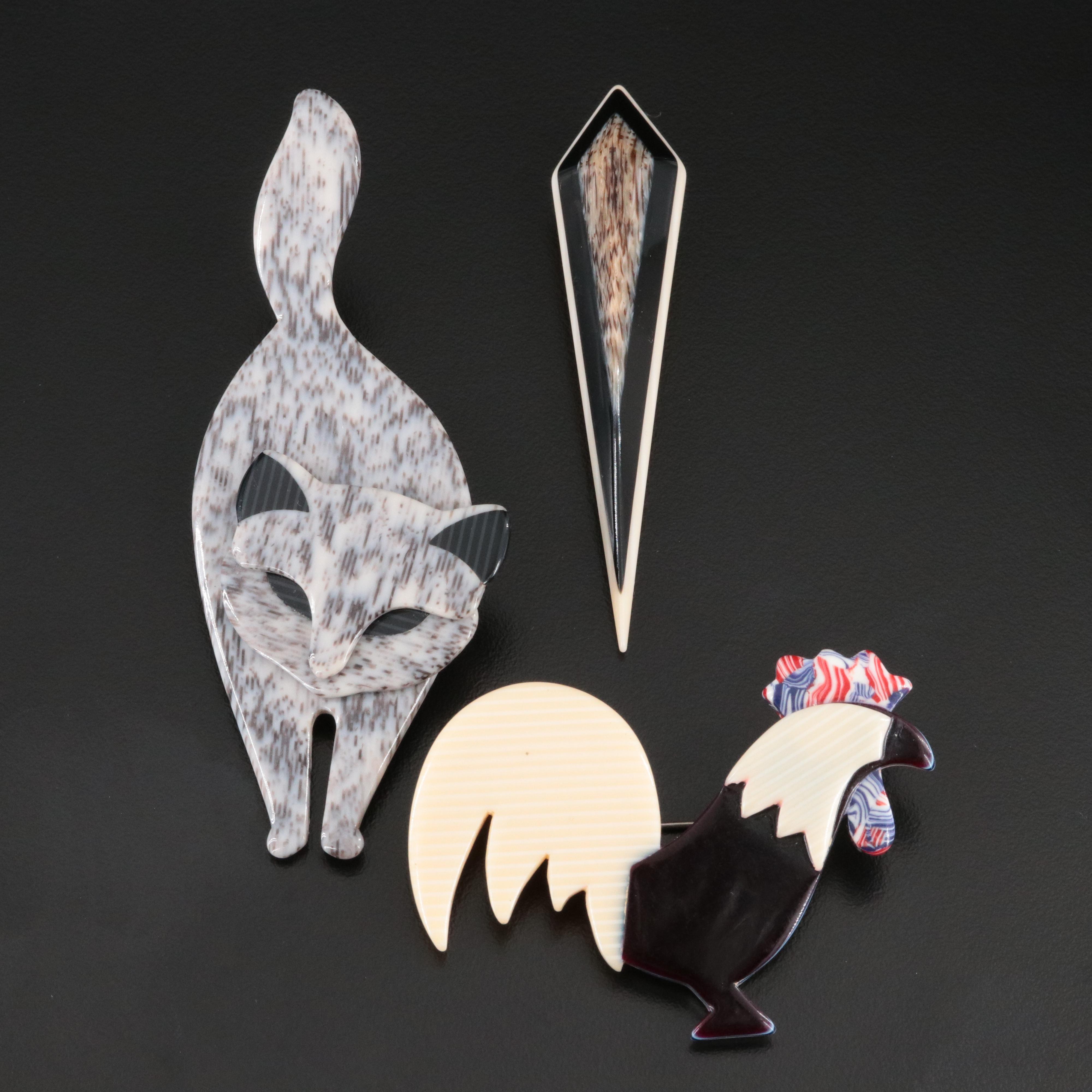 Lea Stein Cat, Rooster and Kite Resin Brooches