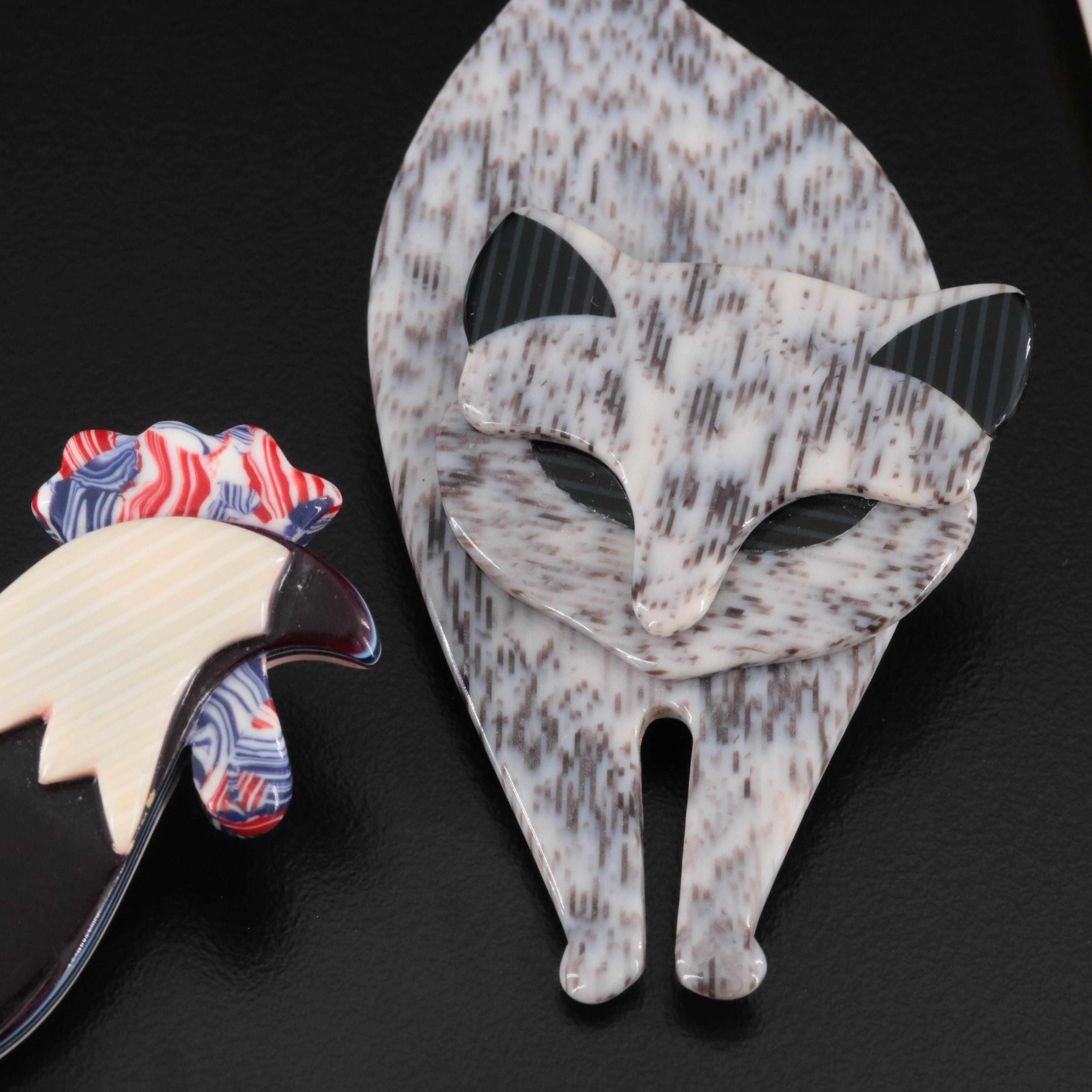 Lea Stein Cat, Rooster and Kite Resin Brooches