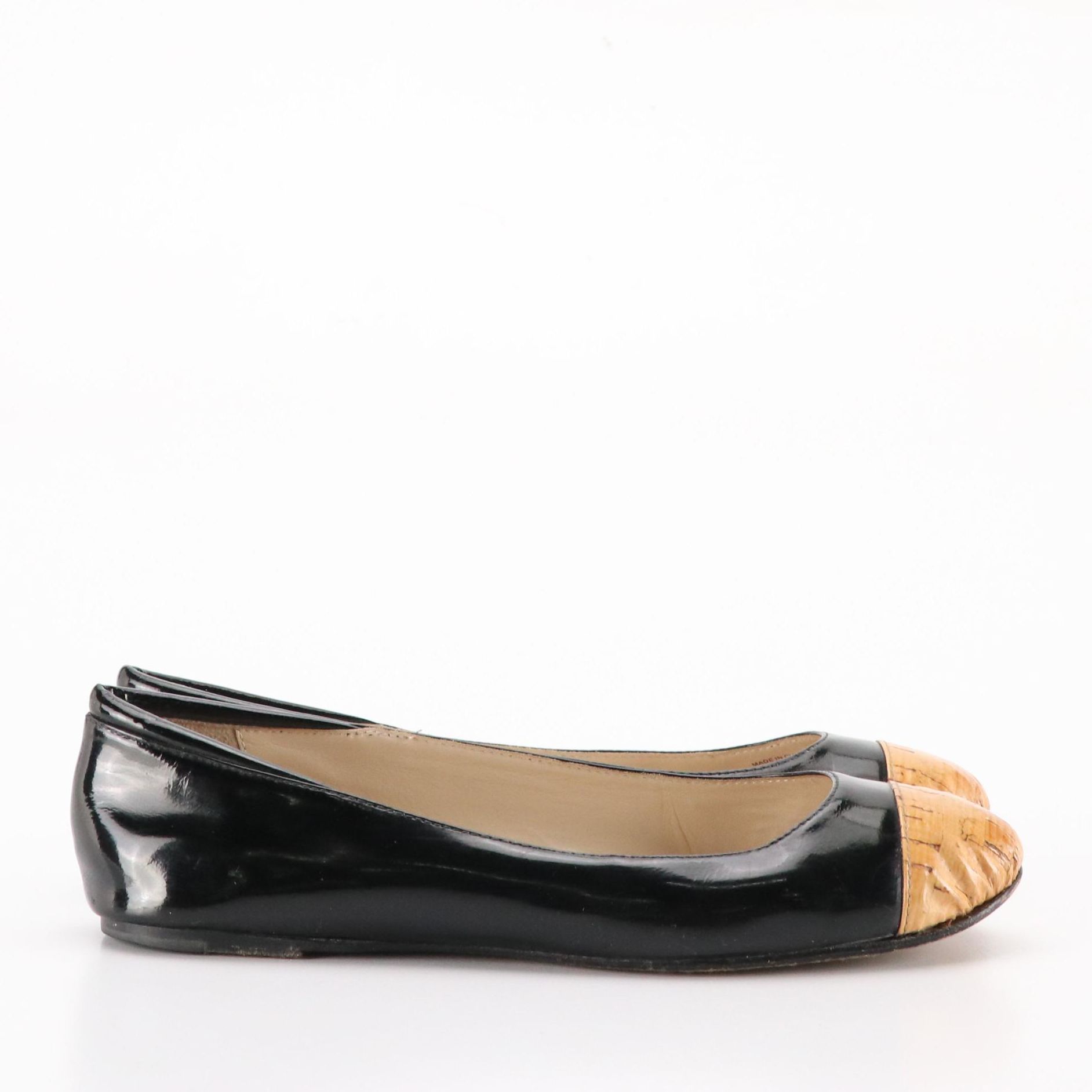 Michael Kors Cork Cap-Toe and Logo Bow Flats in Black and Beige Leather