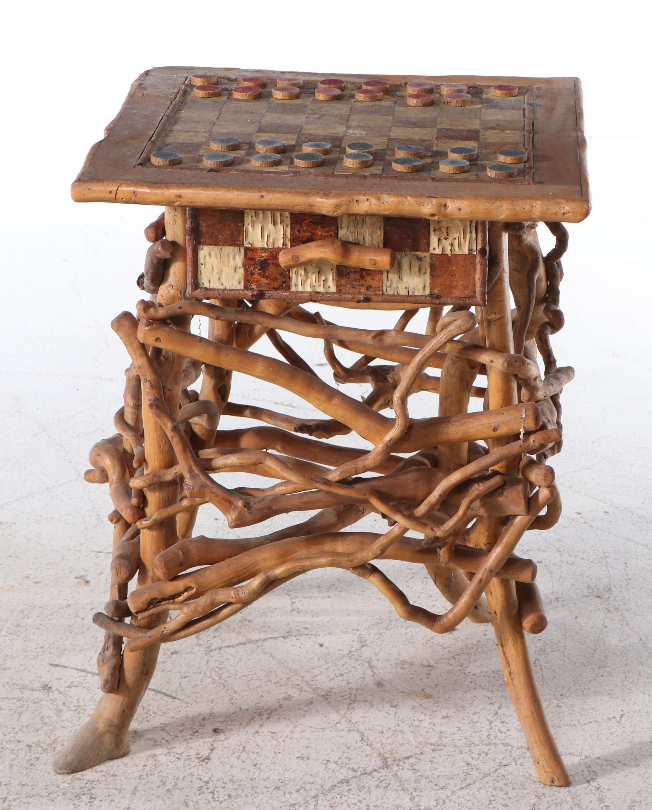 Robert Beaven Adirondack Style Poplar and Checkered Birch Bark Games Table
