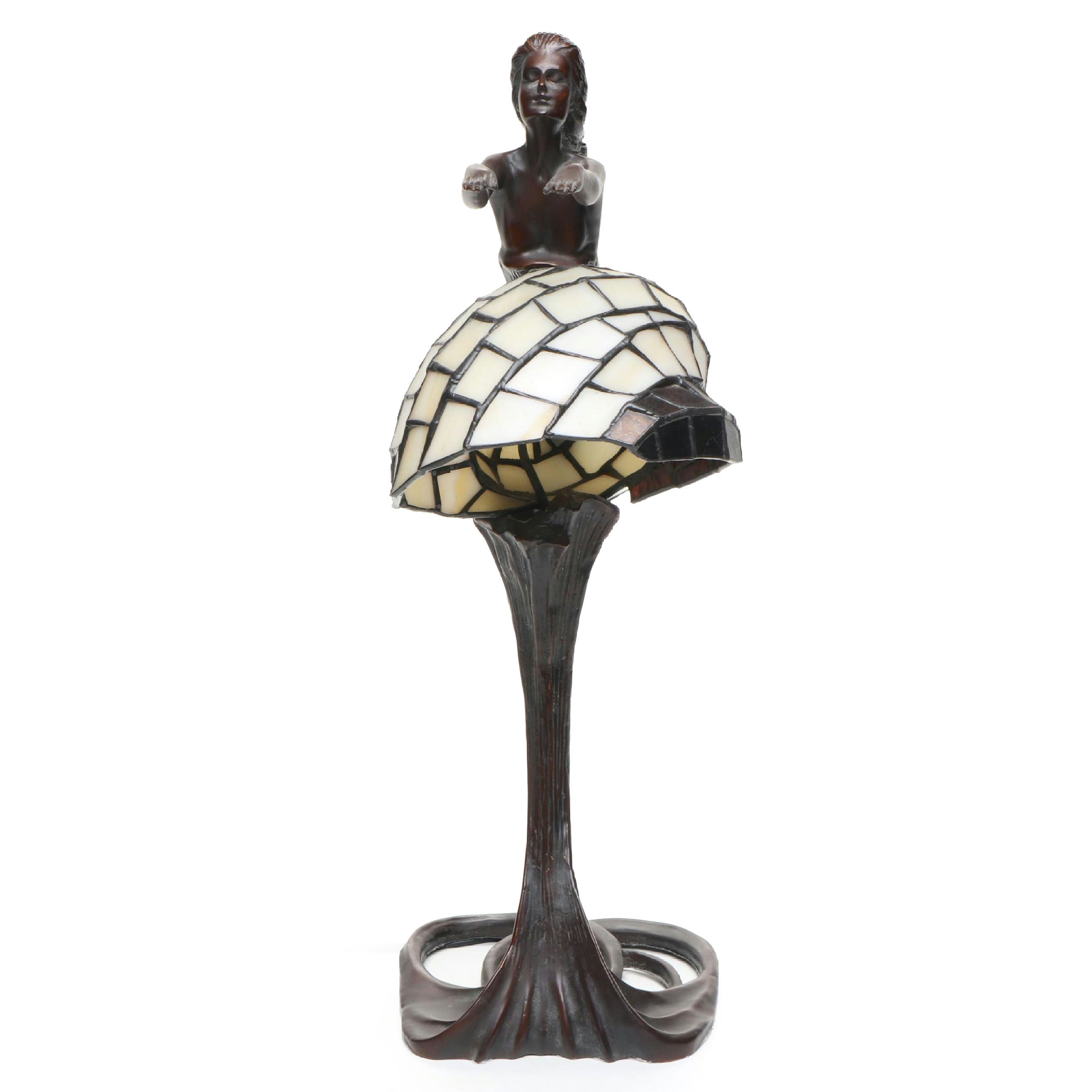 Mermaid Bronzed Metal Lamp & Slag Glass Shell Shade After Gustav Gurschner
