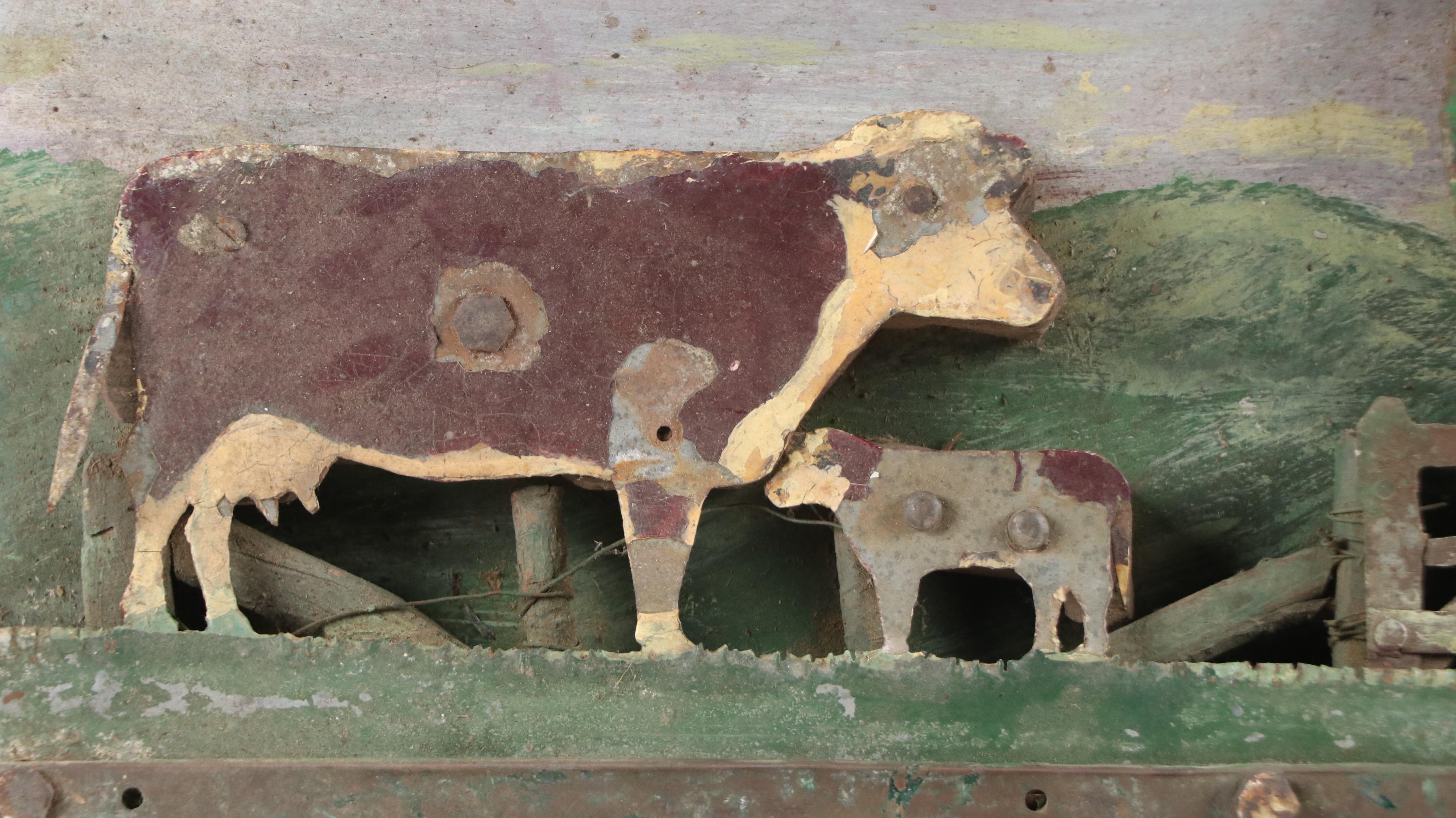 Folk Art Farm Scene with Livestock Rustic Metal Wall Hanging, 20th Century