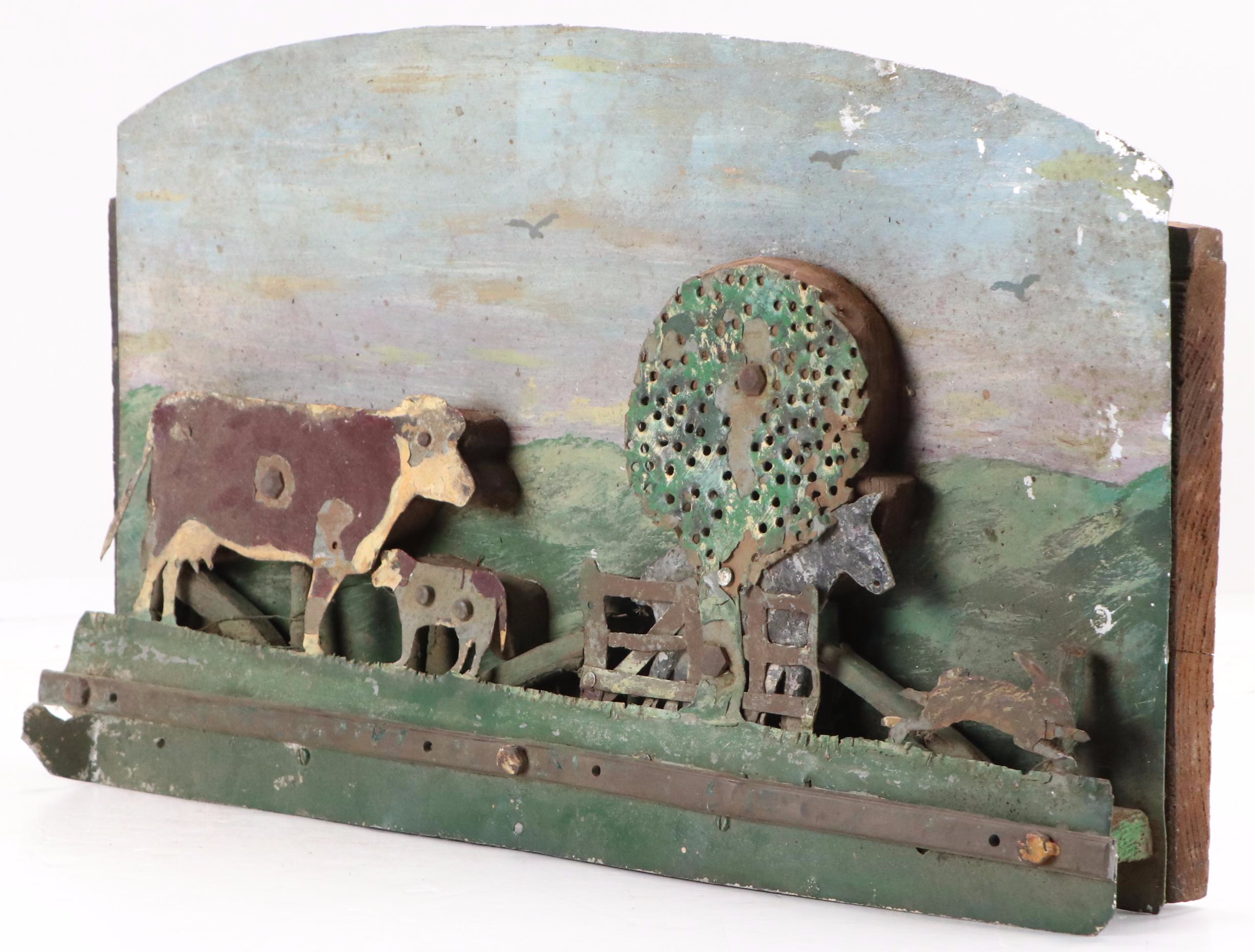 Folk Art Farm Scene with Livestock Rustic Metal Wall Hanging, 20th Century