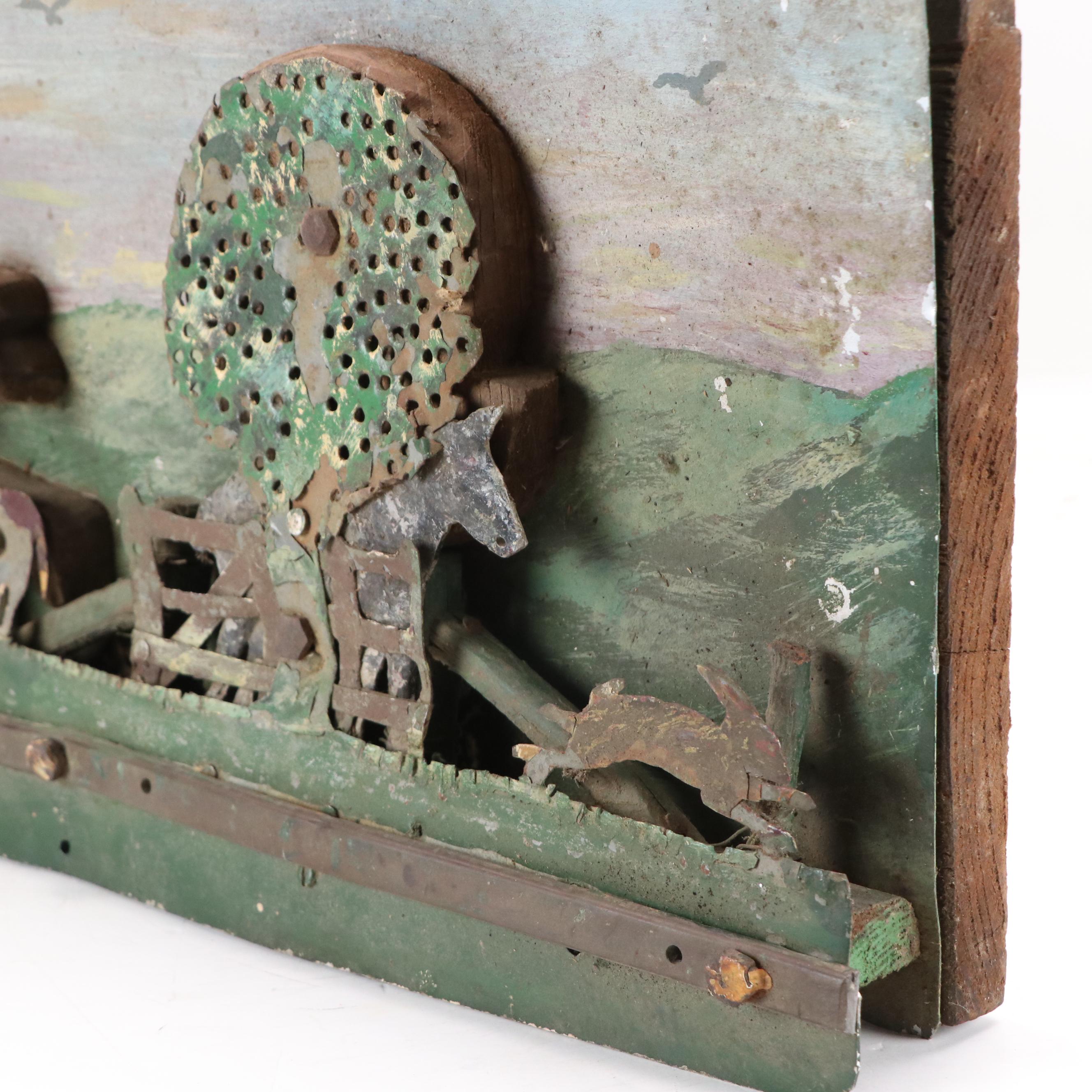 Folk Art Farm Scene with Livestock Rustic Metal Wall Hanging, 20th Century