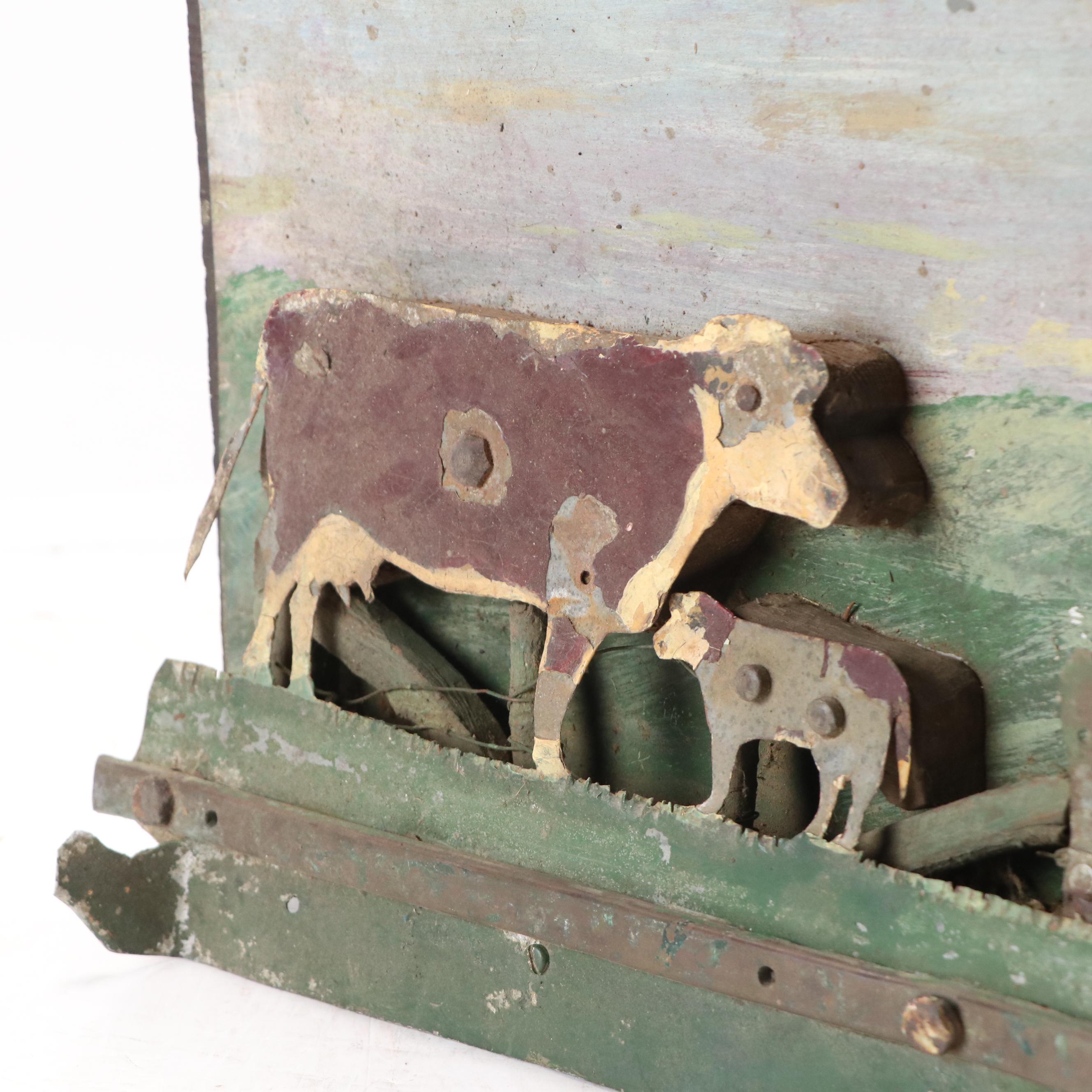 Folk Art Farm Scene with Livestock Rustic Metal Wall Hanging, 20th Century