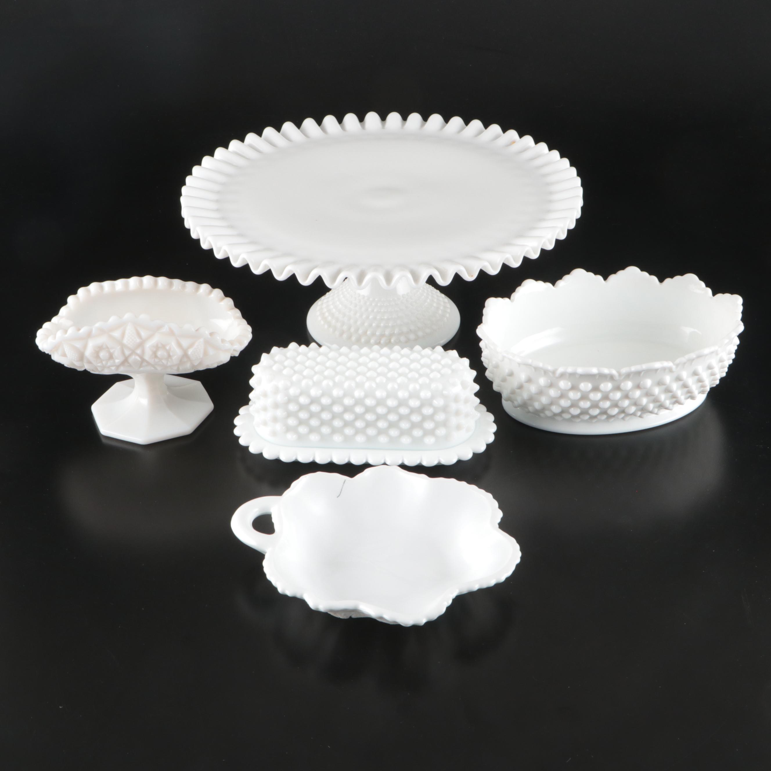 Fenton Hobnail Ruffled Cake Stand with Other Milk Glass Bowls and Covered Butter