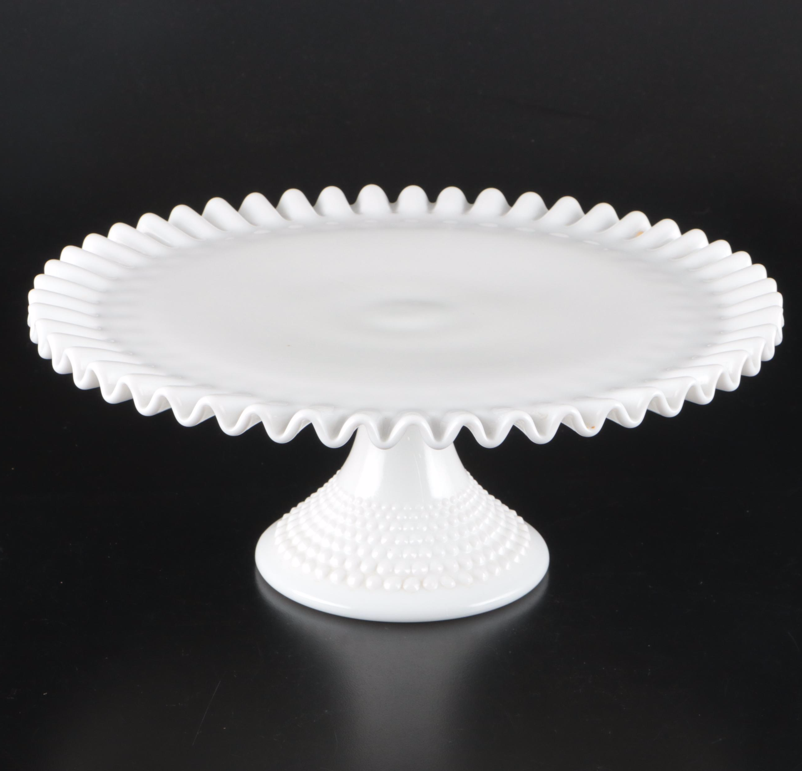 Fenton Hobnail Ruffled Cake Stand with Other Milk Glass Bowls and Covered Butter