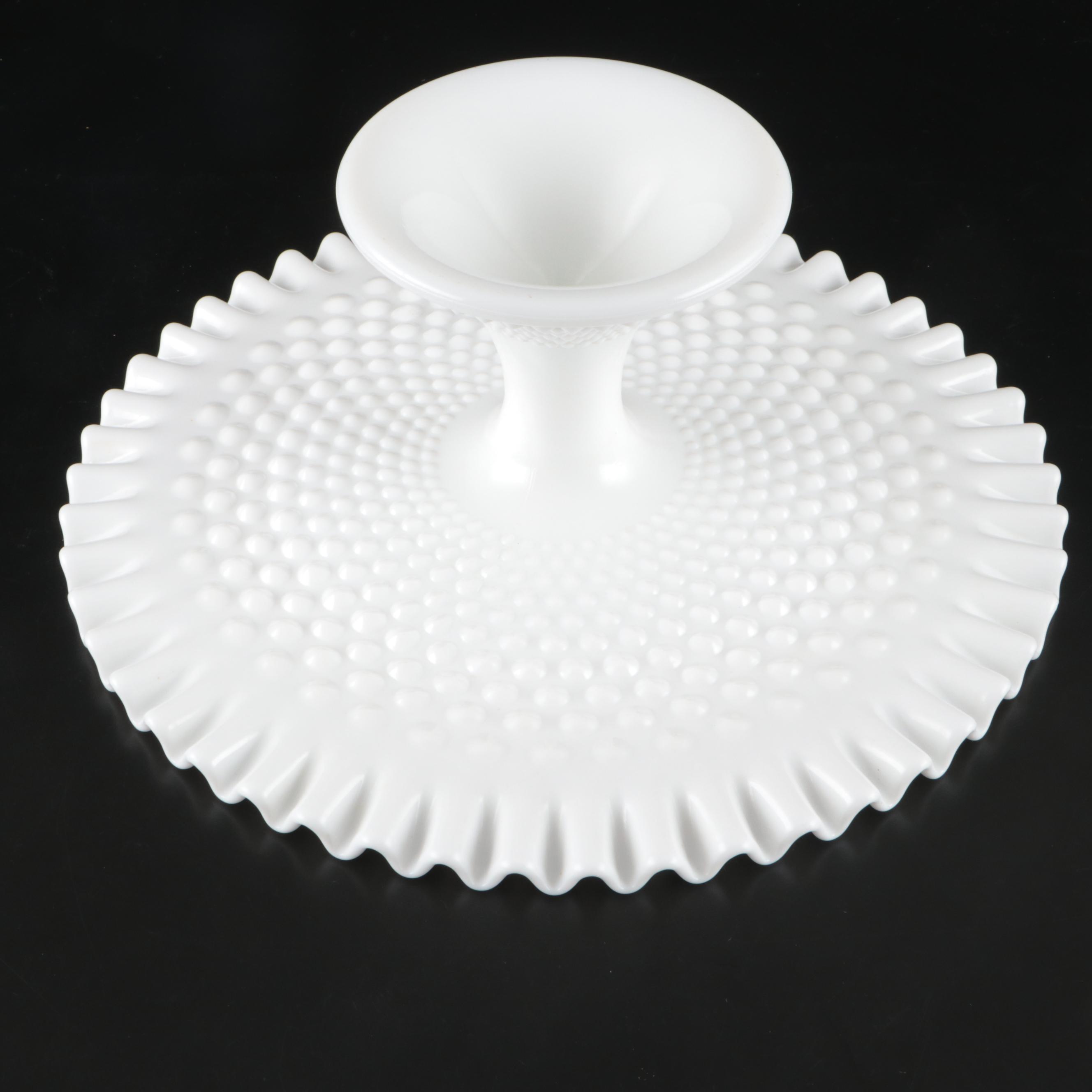 Fenton Hobnail Ruffled Cake Stand with Other Milk Glass Bowls and Covered Butter