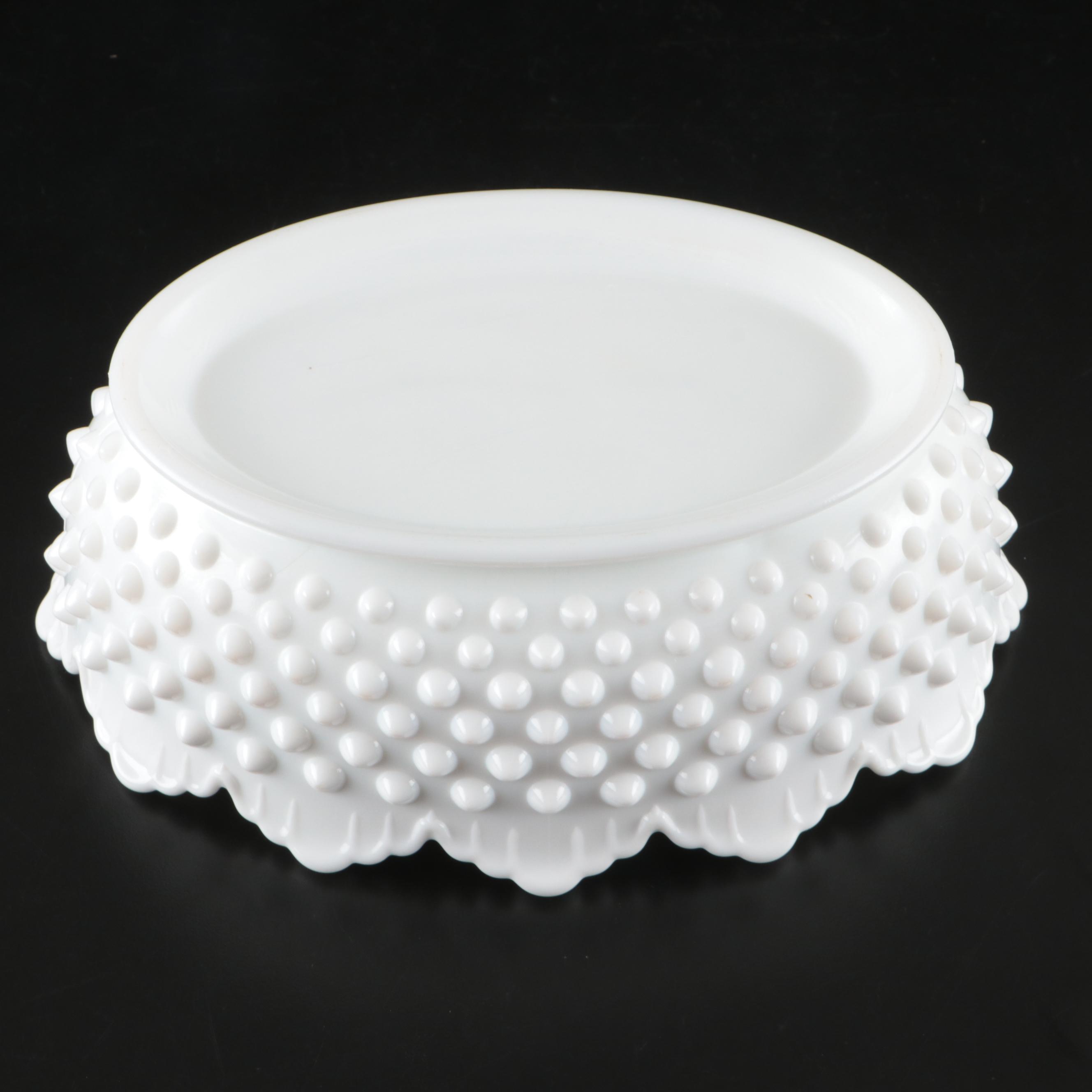 Fenton Hobnail Ruffled Cake Stand with Other Milk Glass Bowls and Covered Butter