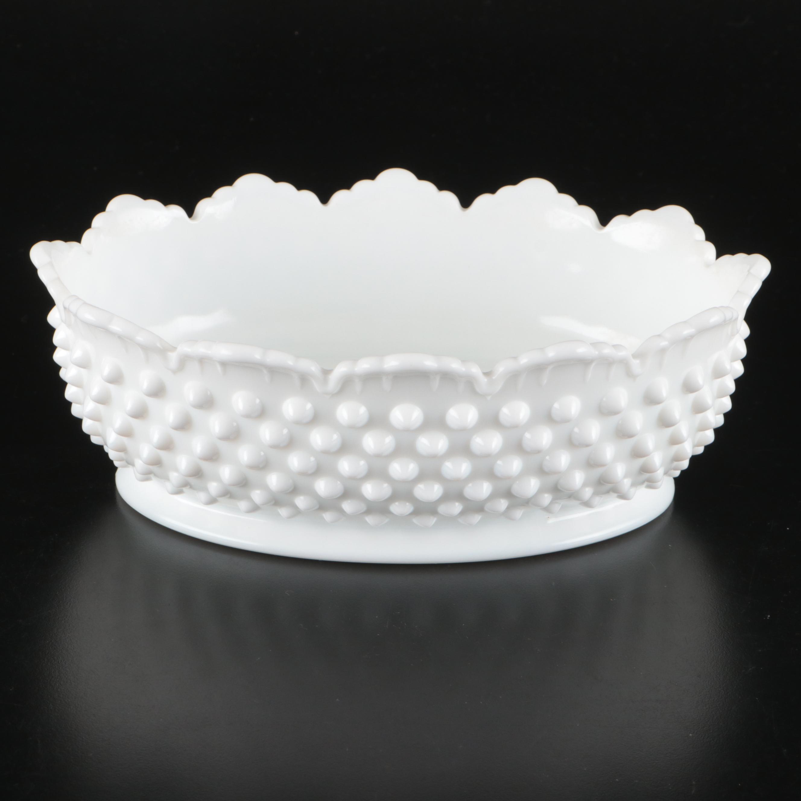 Fenton Hobnail Ruffled Cake Stand with Other Milk Glass Bowls and Covered Butter