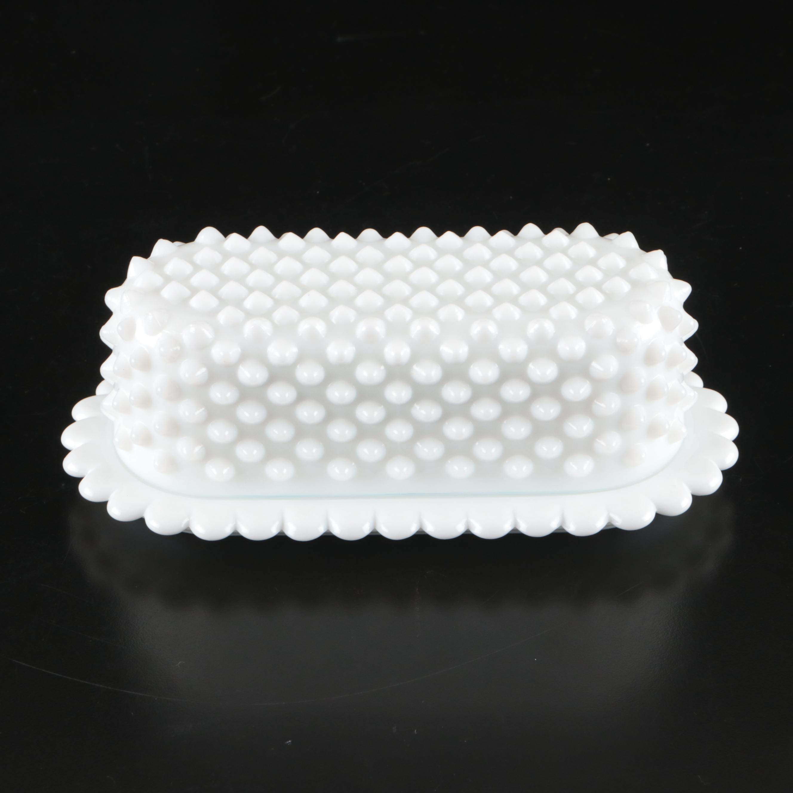 Fenton Hobnail Ruffled Cake Stand with Other Milk Glass Bowls and Covered Butter