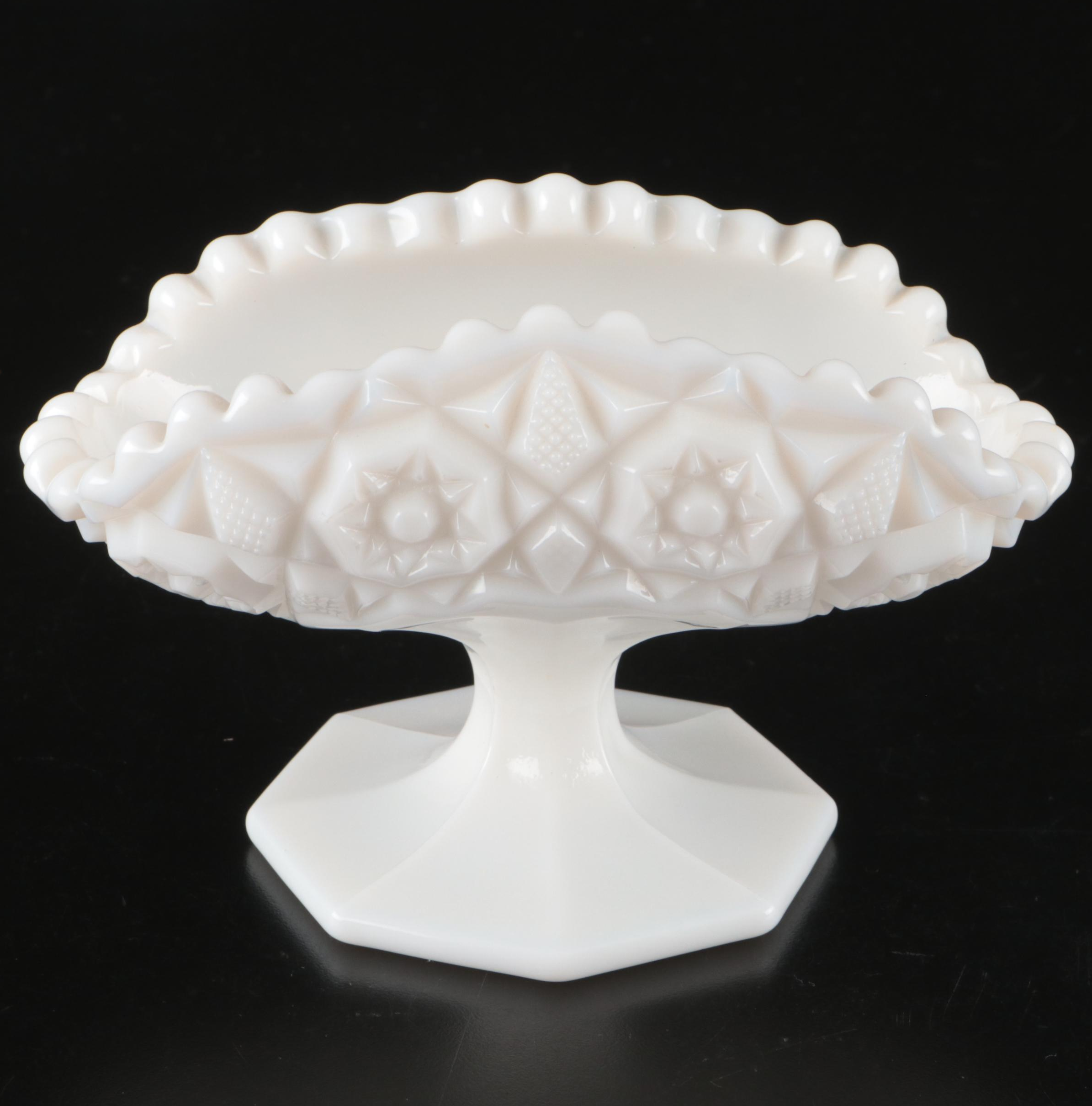 Fenton Hobnail Ruffled Cake Stand with Other Milk Glass Bowls and Covered Butter