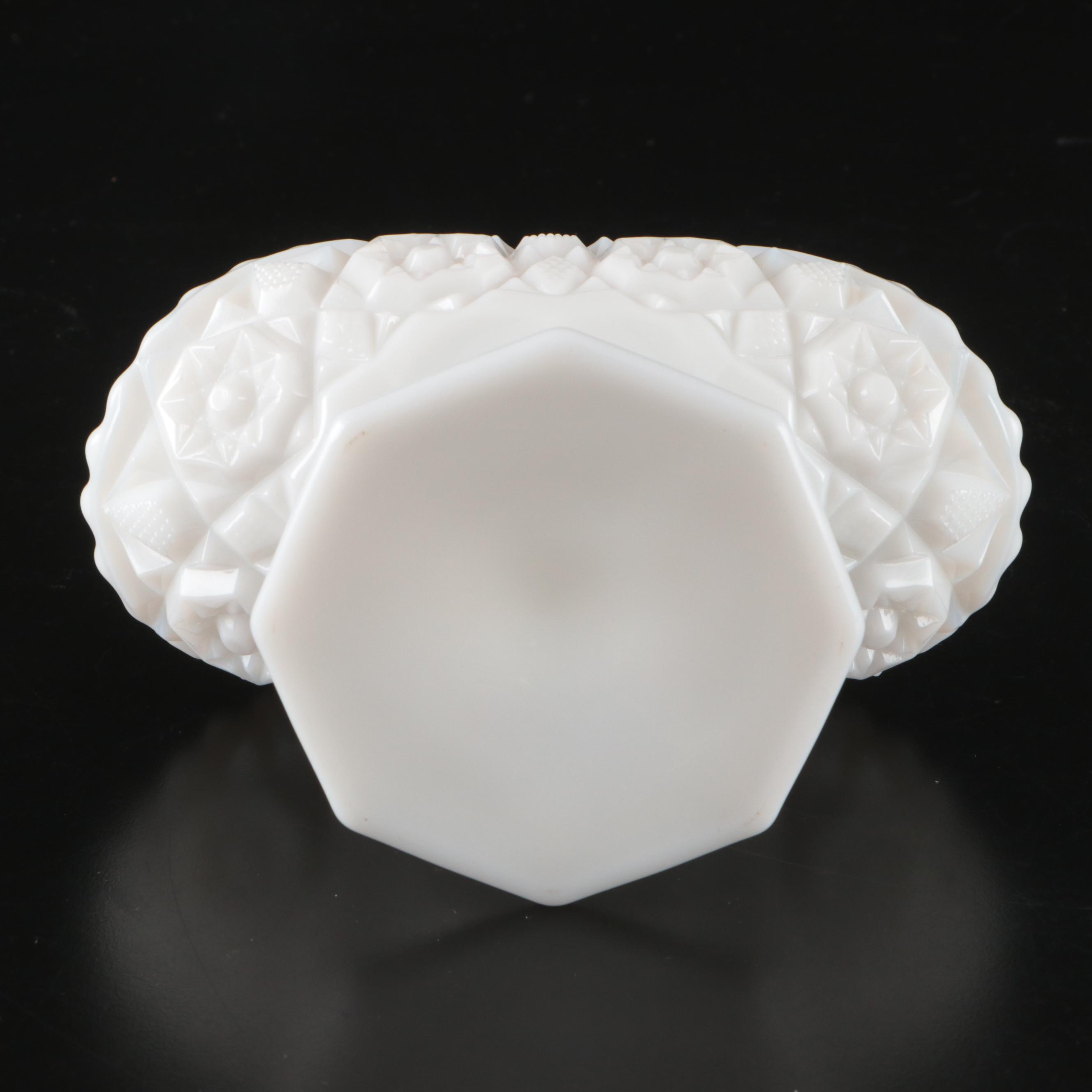 Fenton Hobnail Ruffled Cake Stand with Other Milk Glass Bowls and Covered Butter