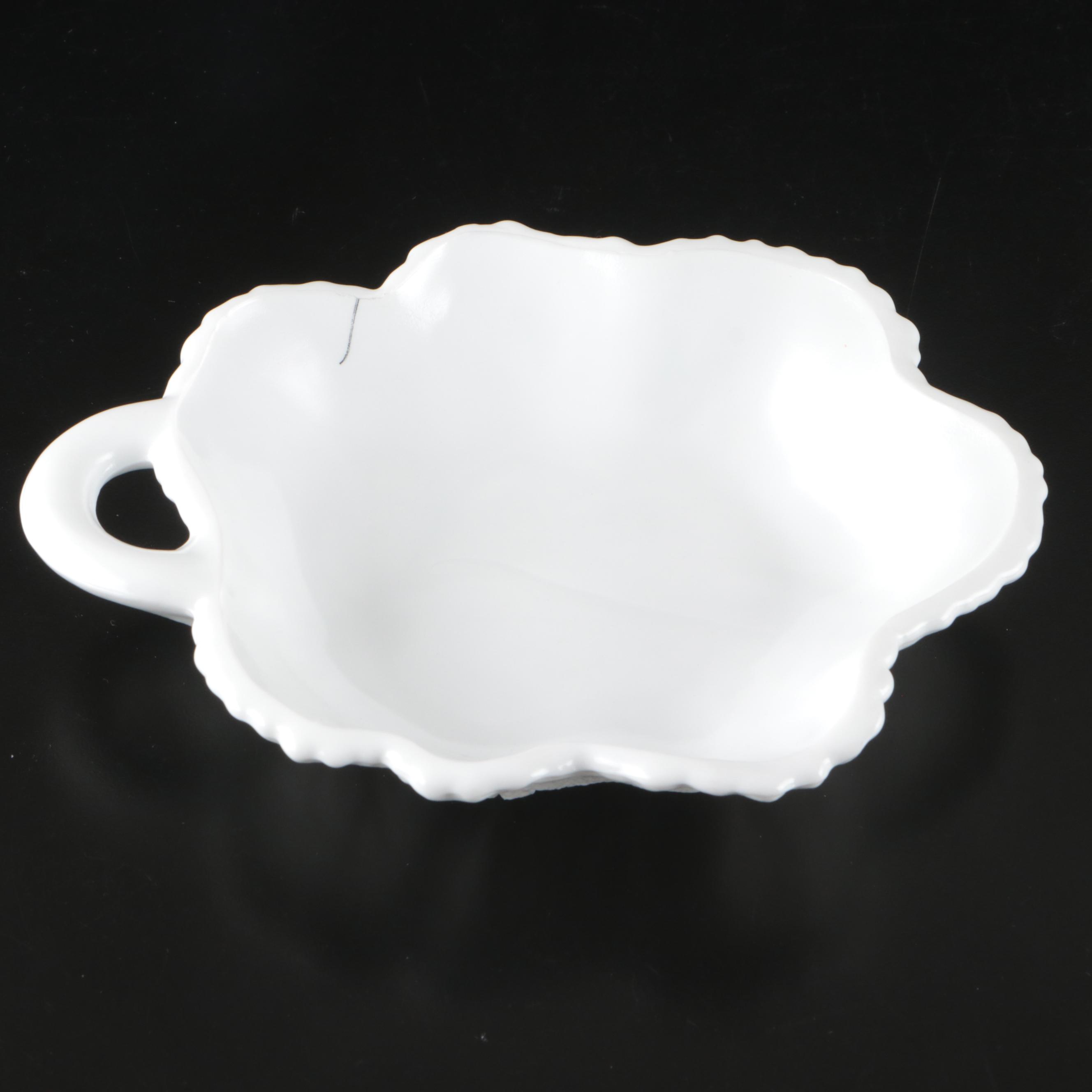 Fenton Hobnail Ruffled Cake Stand with Other Milk Glass Bowls and Covered Butter