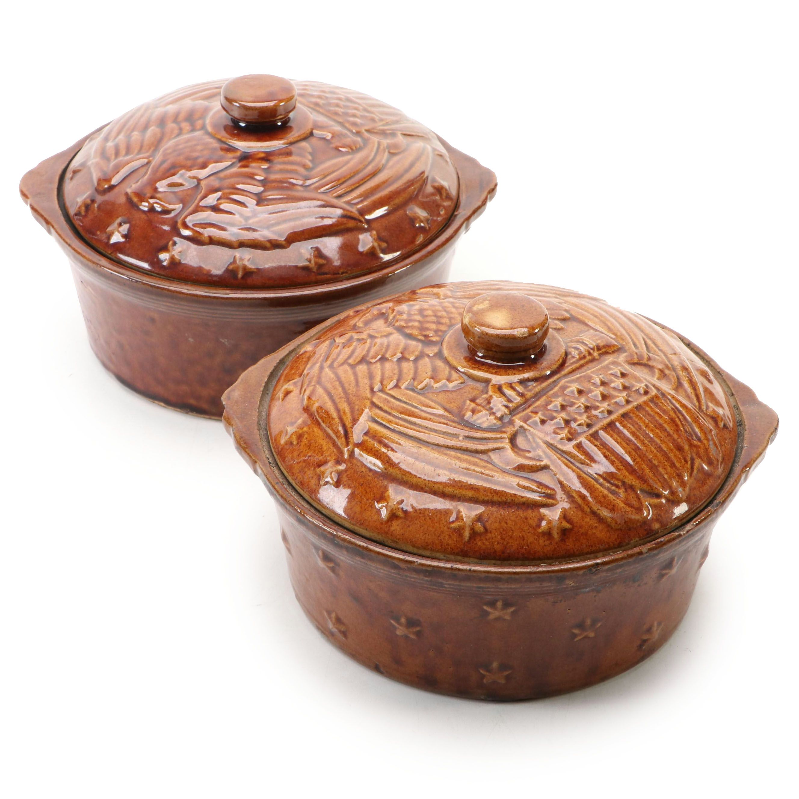 McCoy American Eagle Ceramic Lidded Casserole Dishes, 1940s-1950s