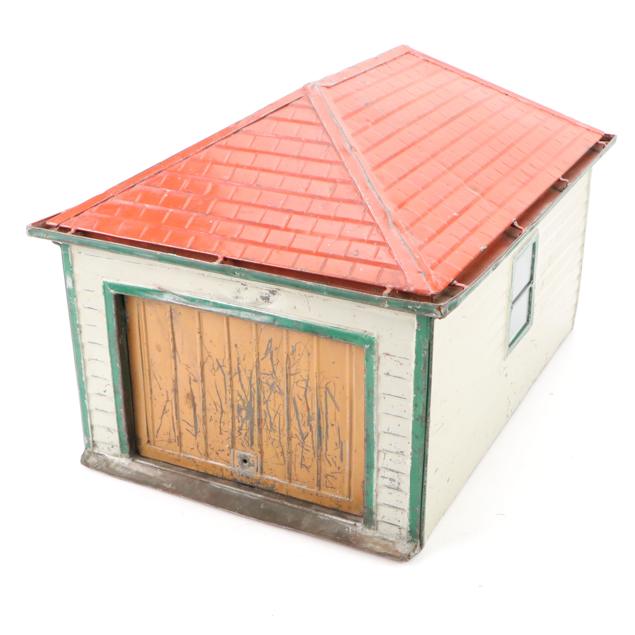 Handcrafted Tin Litho Model Garage, 20th Century