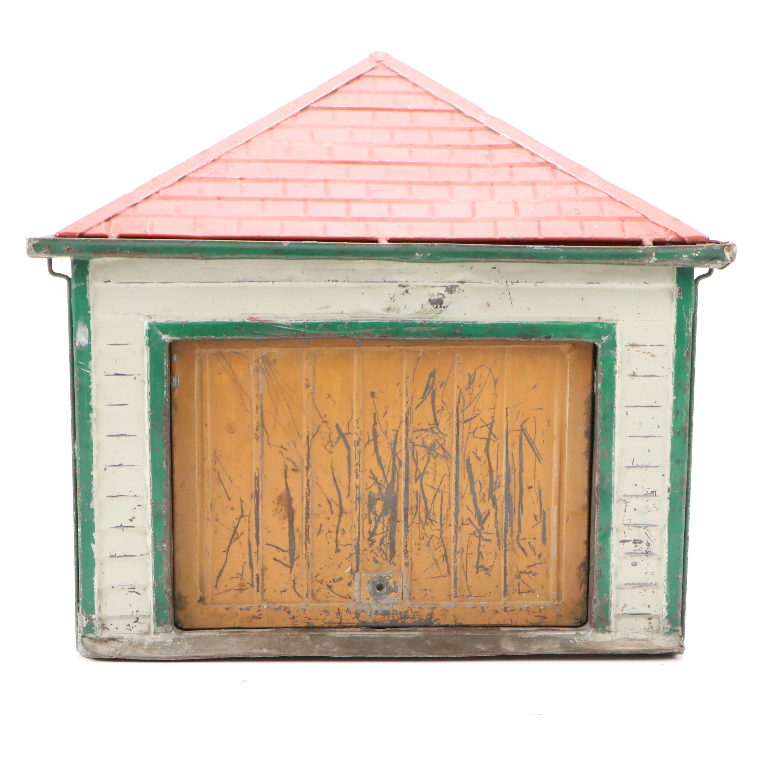 Handcrafted Tin Litho Model Garage, 20th Century