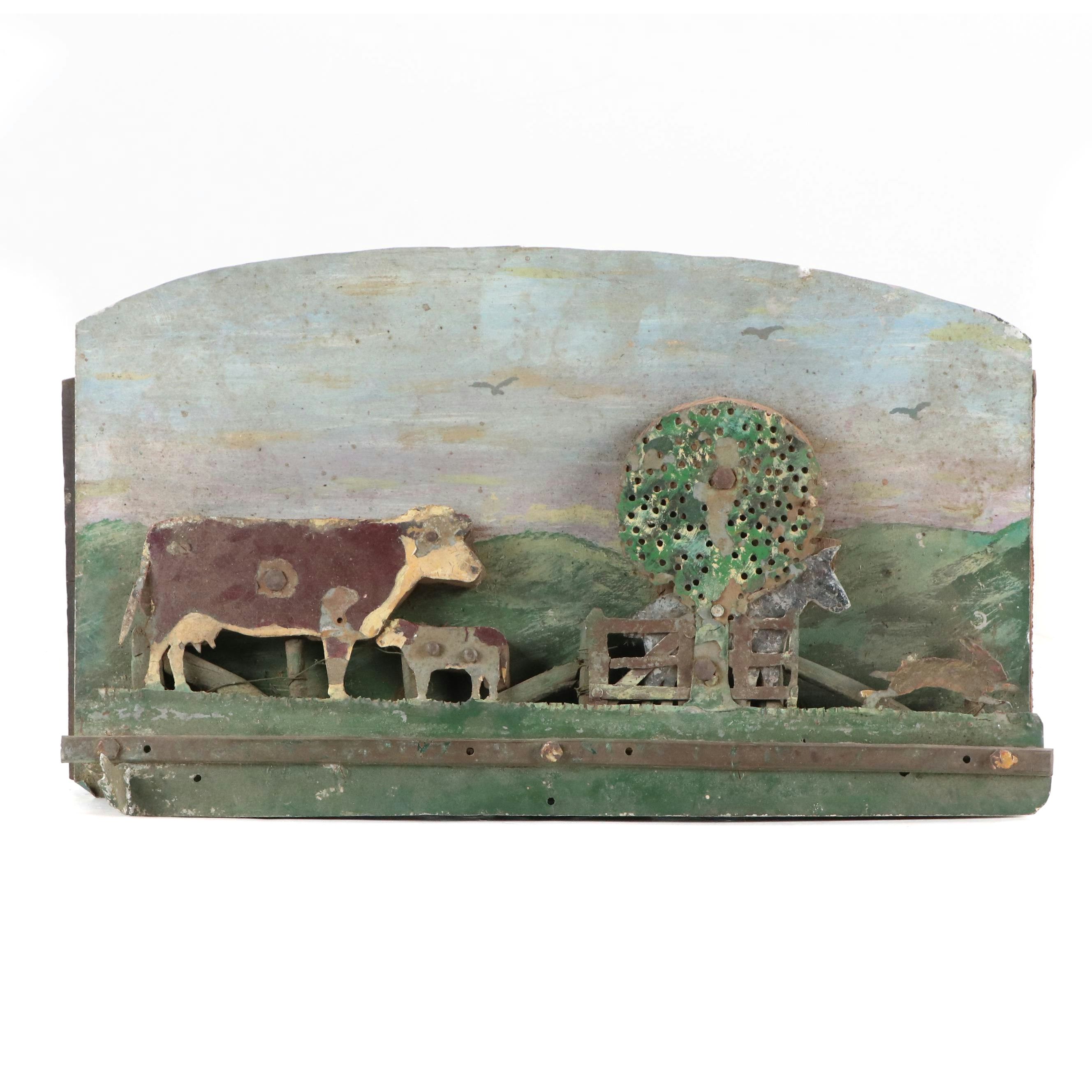 Folk Art Farm Scene with Livestock Rustic Metal Wall Hanging, 20th Century