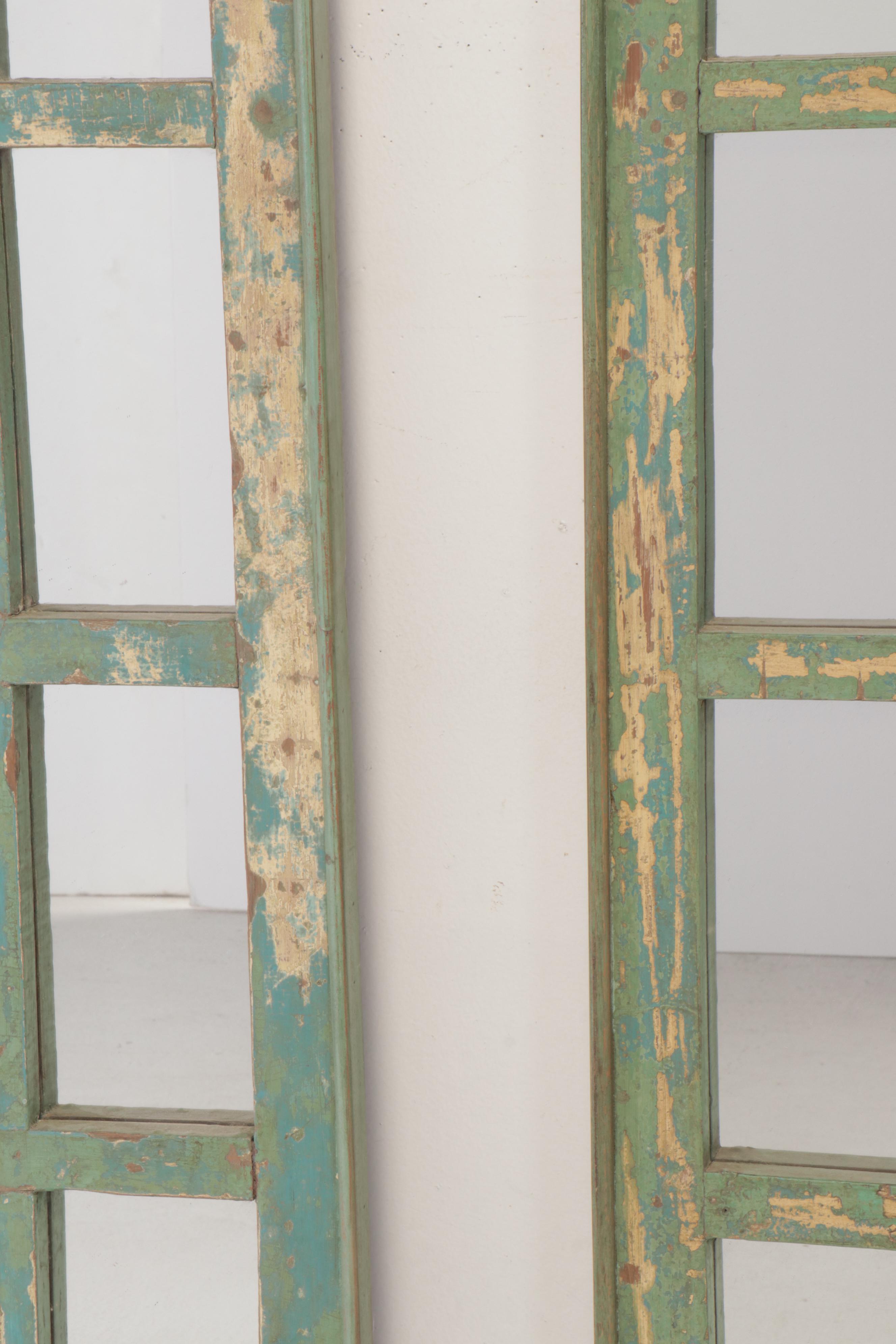 Pair of 6'4 Distressed Painted Wood Paned Wall Mirrors