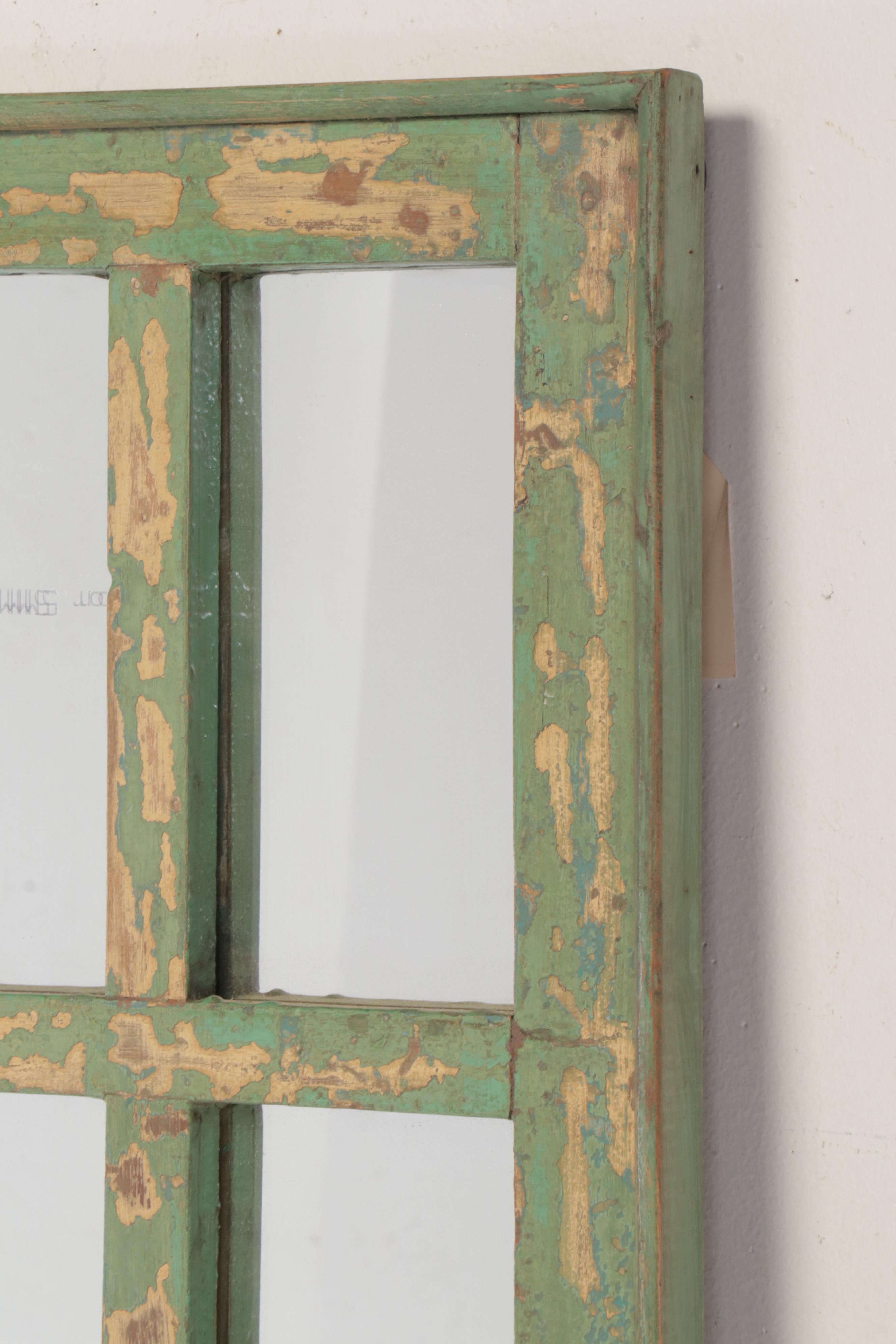 Pair of 6'4 Distressed Painted Wood Paned Wall Mirrors