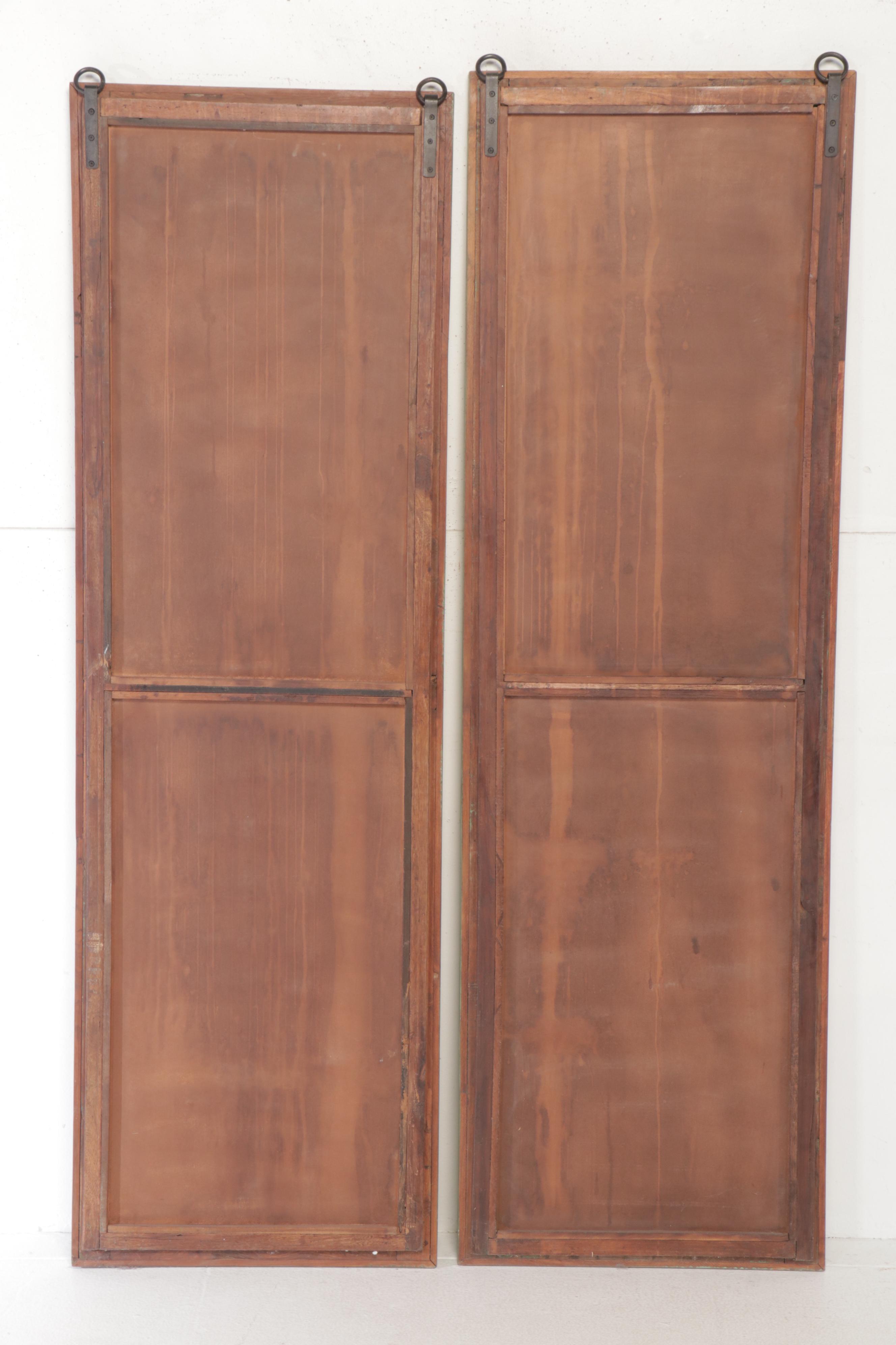 Pair of 6'4 Distressed Painted Wood Paned Wall Mirrors