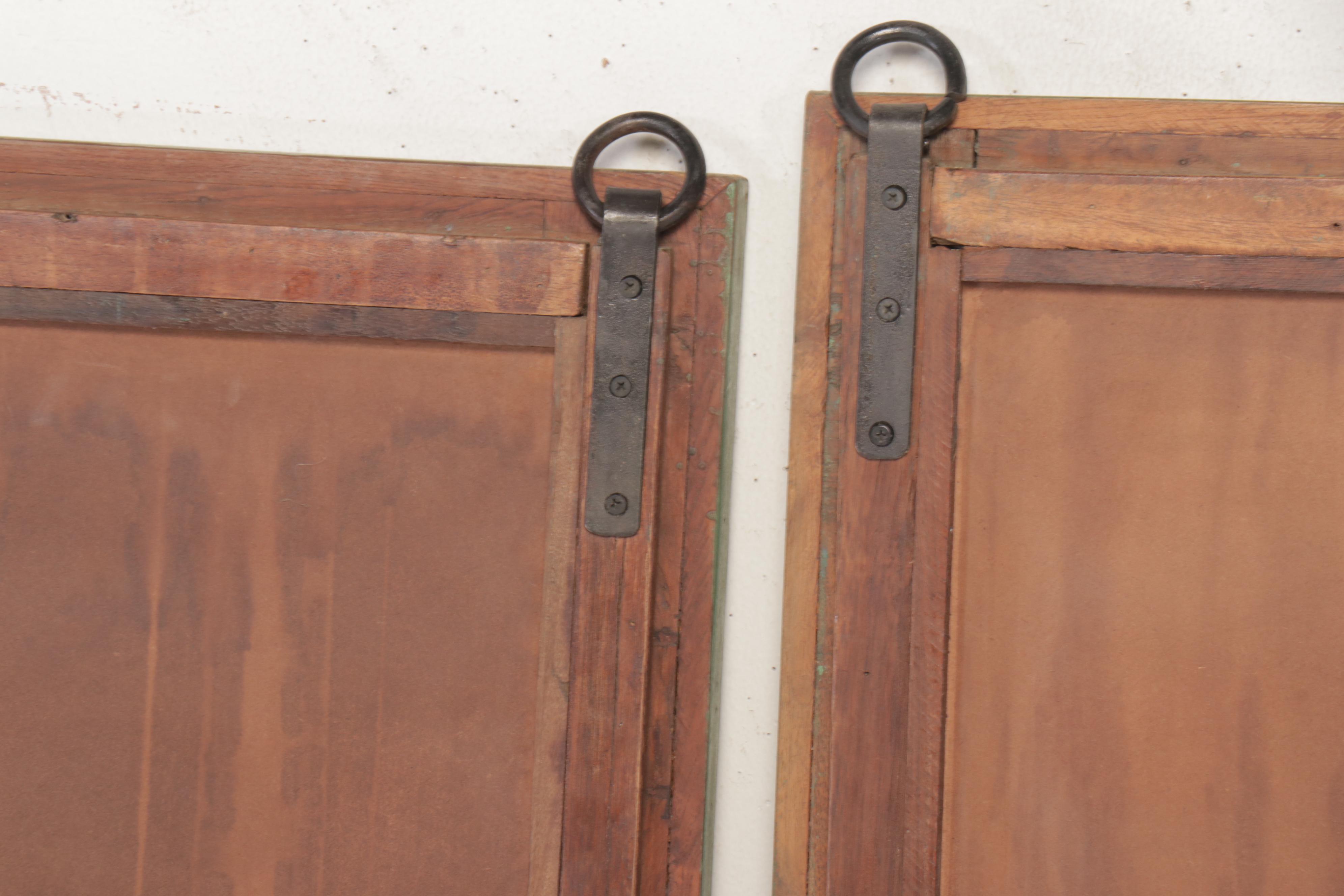 Pair of 6'4 Distressed Painted Wood Paned Wall Mirrors