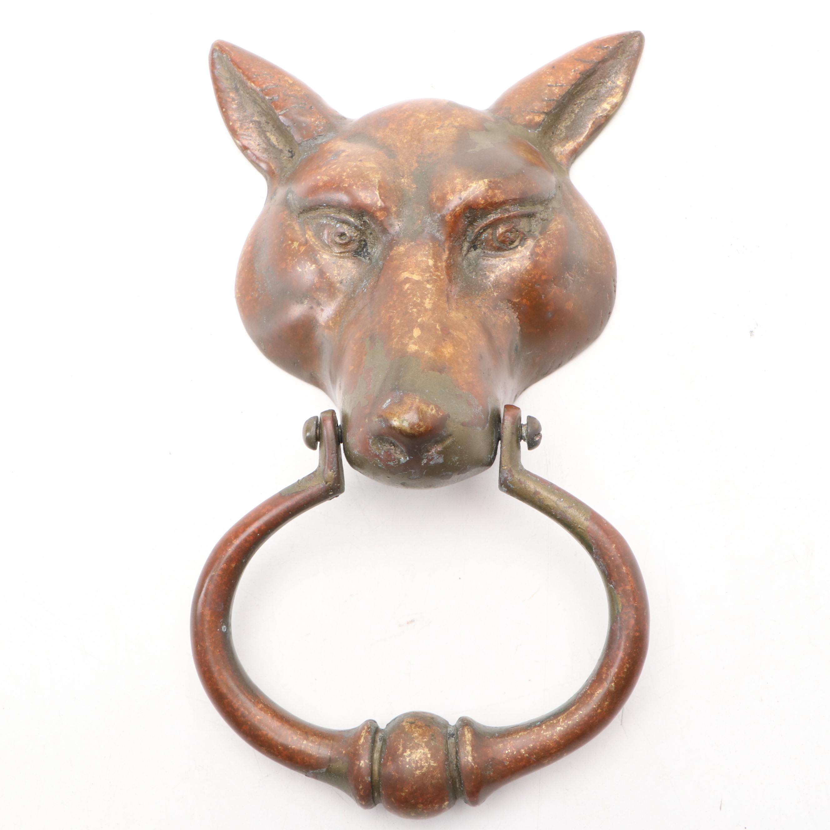 Cast Brass Fox Head Door Knocker, 20th Century