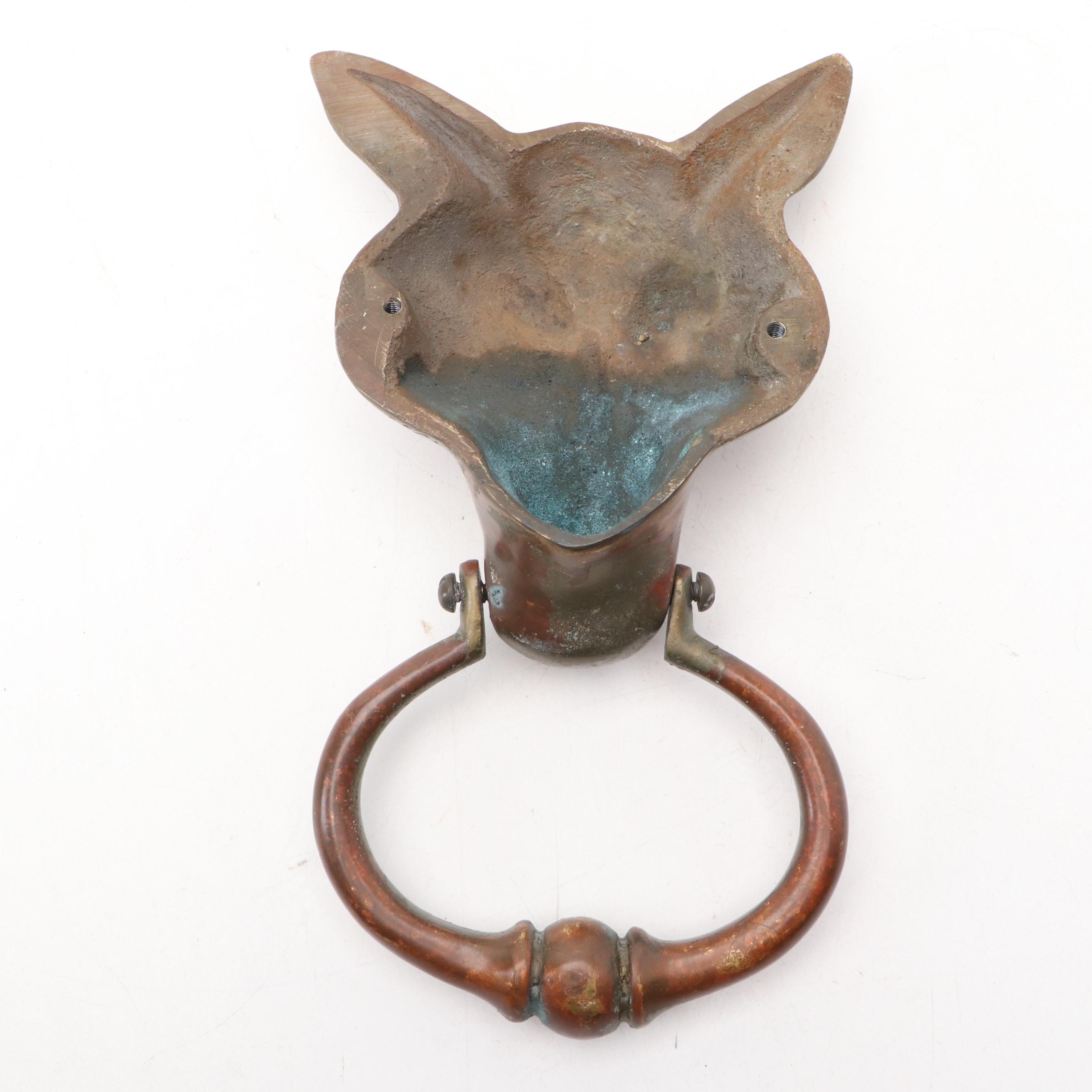 Cast Brass Fox Head Door Knocker, 20th Century