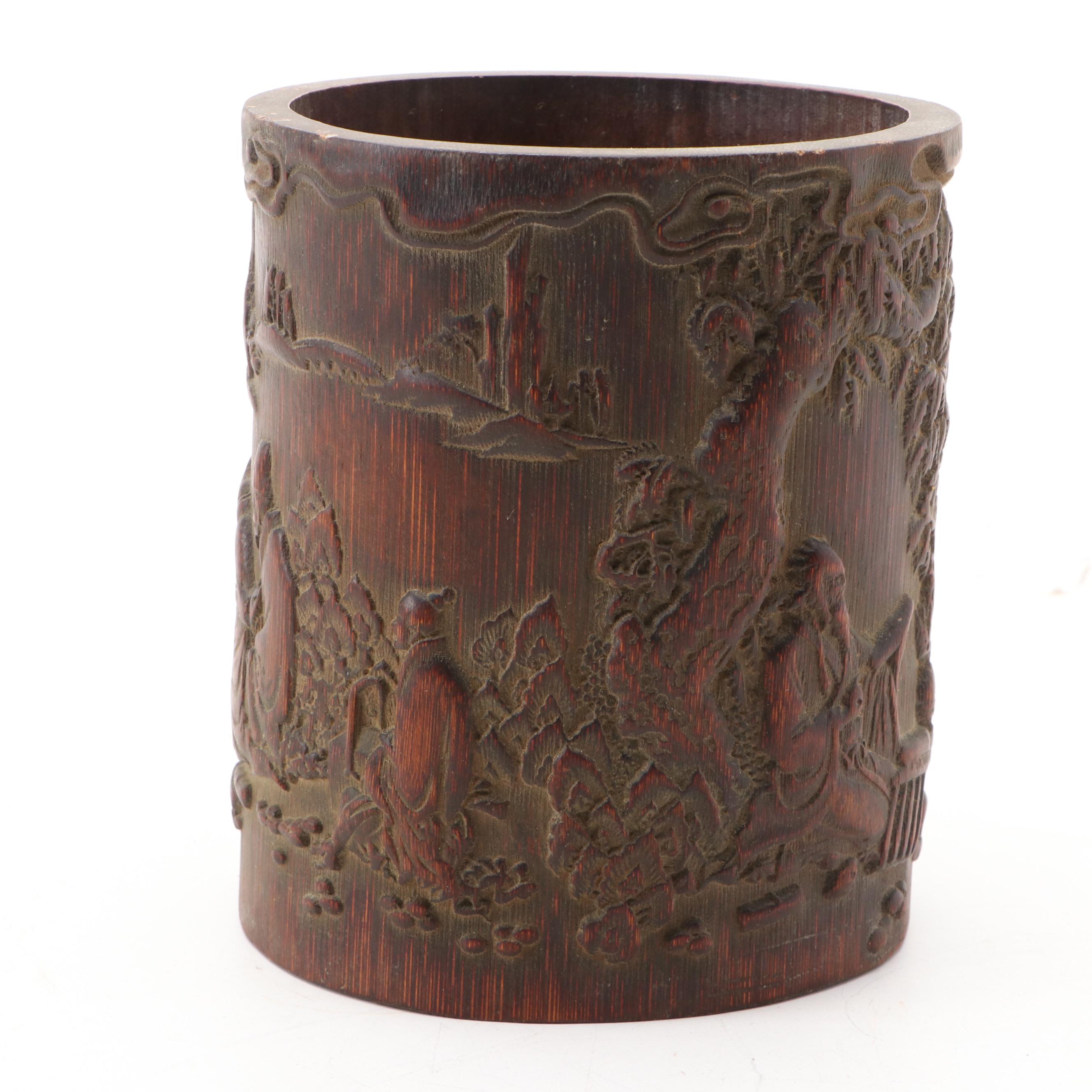 Chinese Bamboo Hand-Carved Scholar Motif Brush Pot