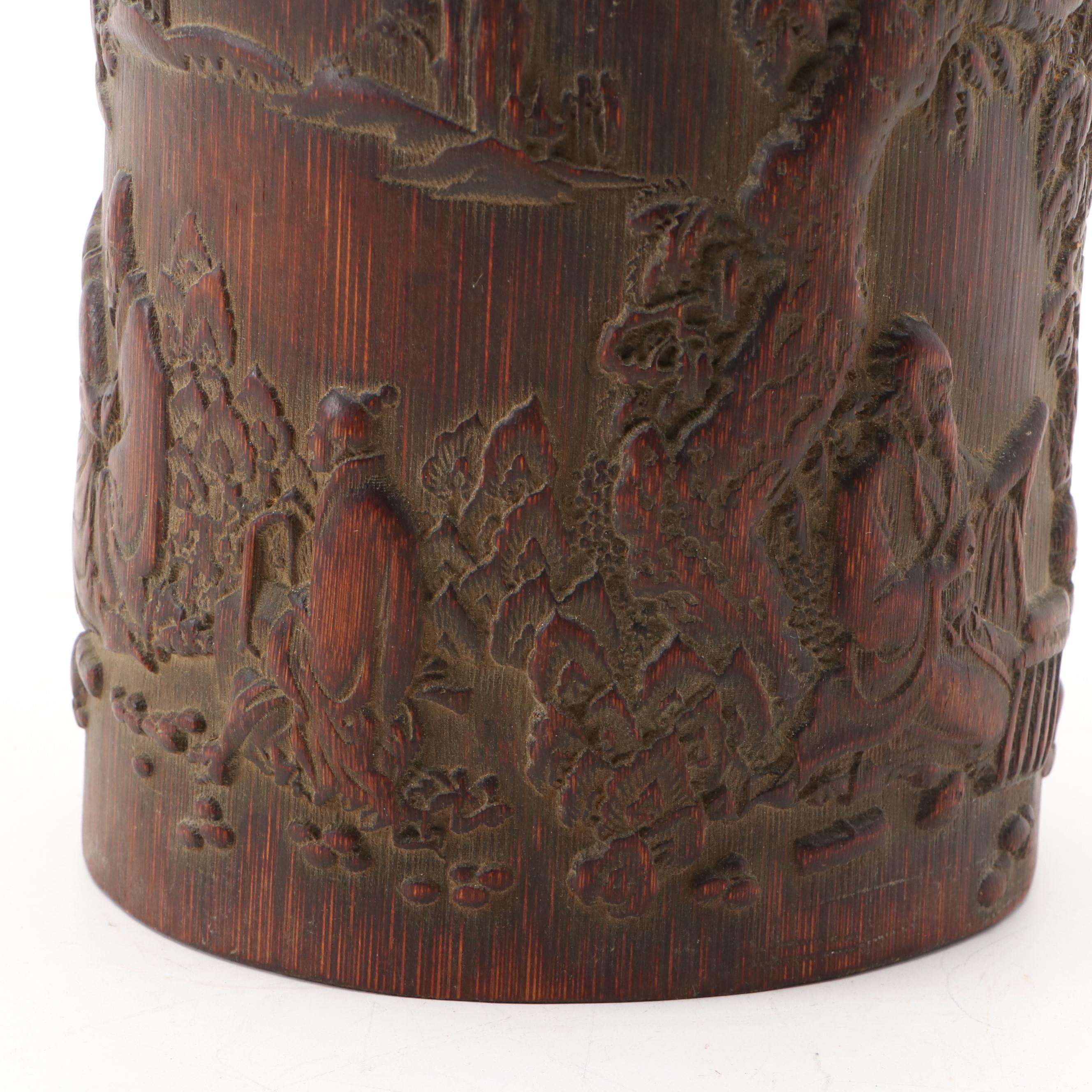 Chinese Bamboo Hand-Carved Scholar Motif Brush Pot