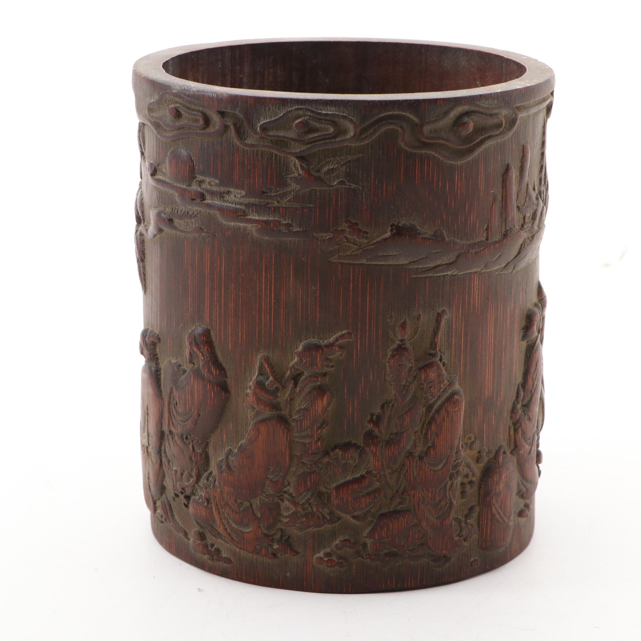 Chinese Bamboo Hand-Carved Scholar Motif Brush Pot