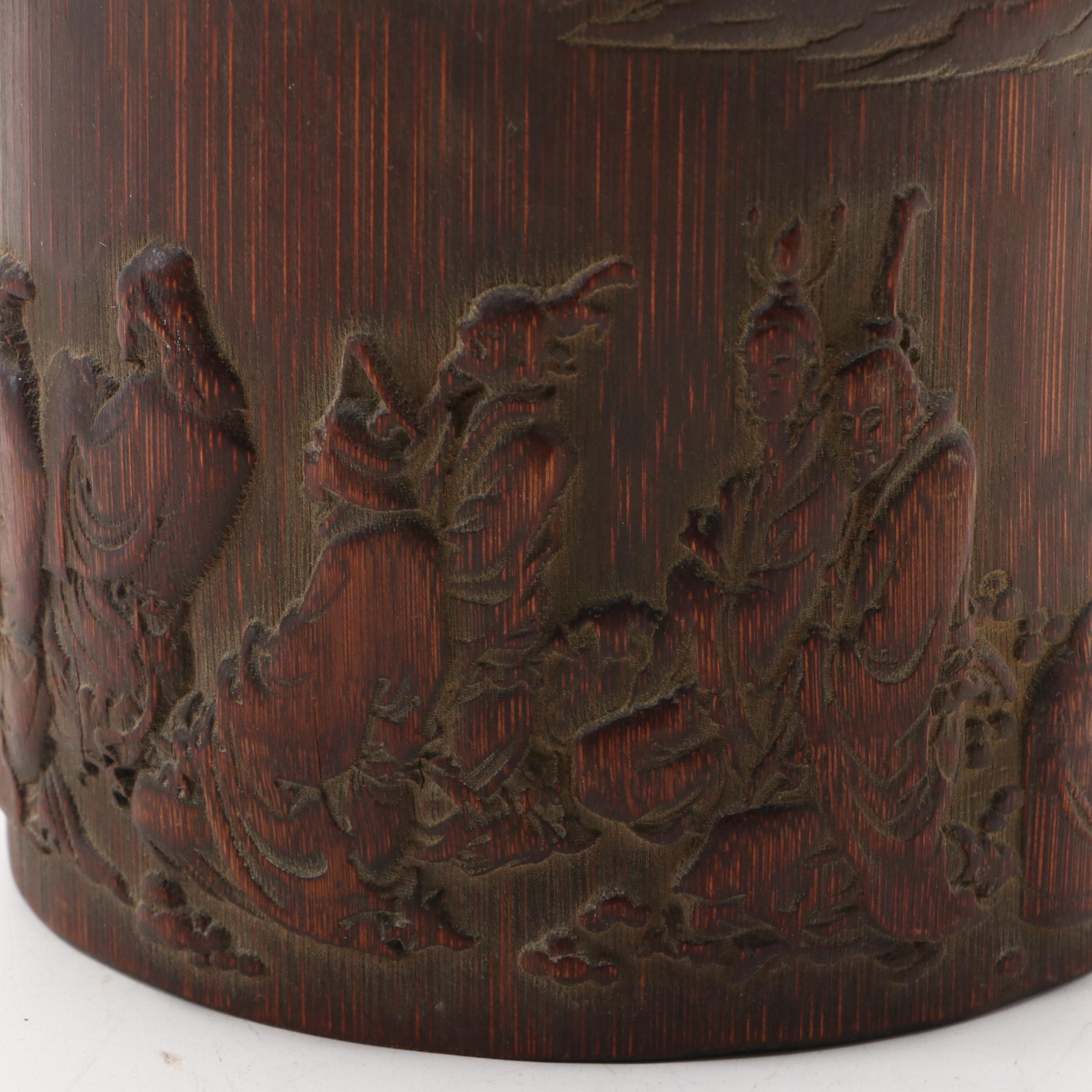 Chinese Bamboo Hand-Carved Scholar Motif Brush Pot
