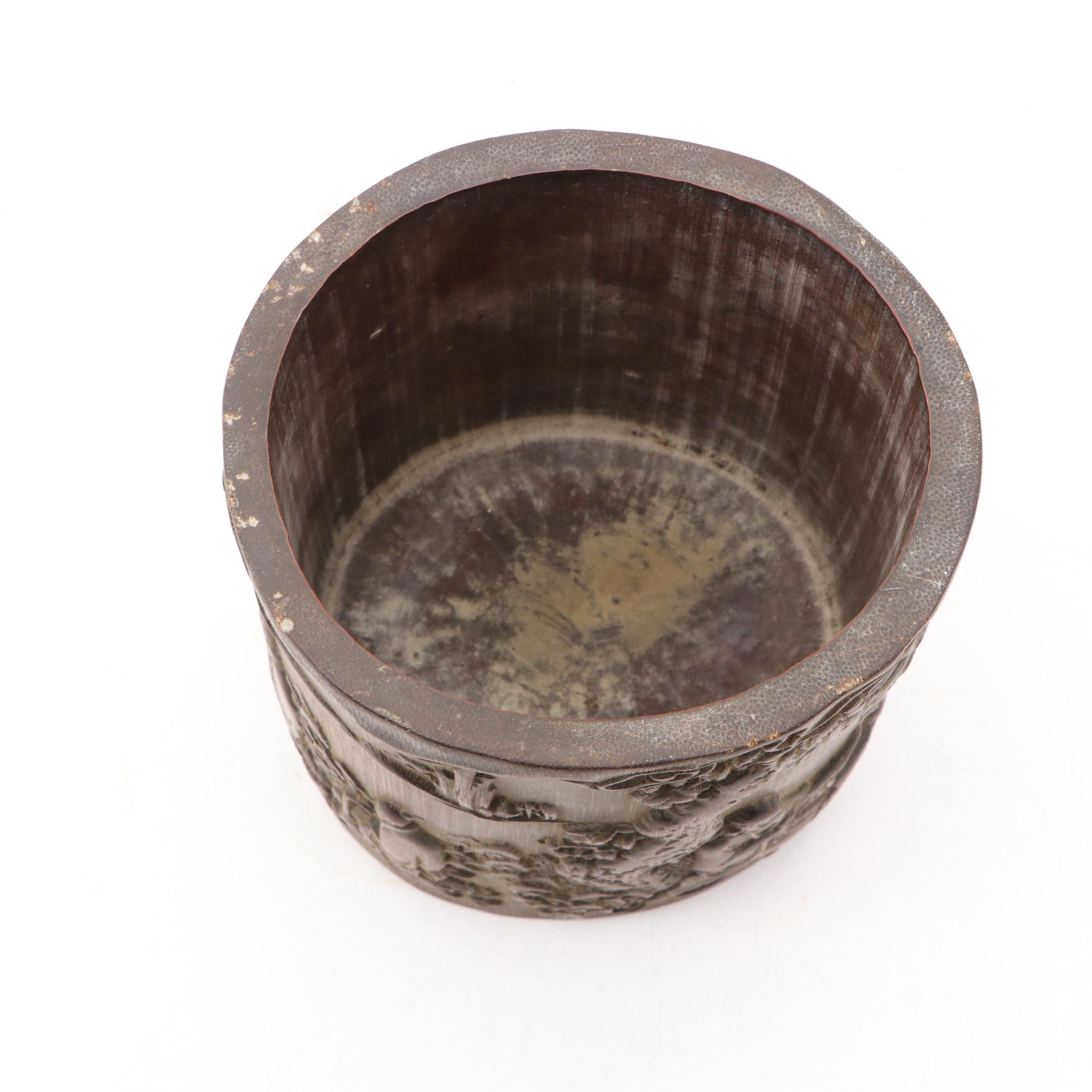 Chinese Bamboo Hand-Carved Scholar Motif Brush Pot