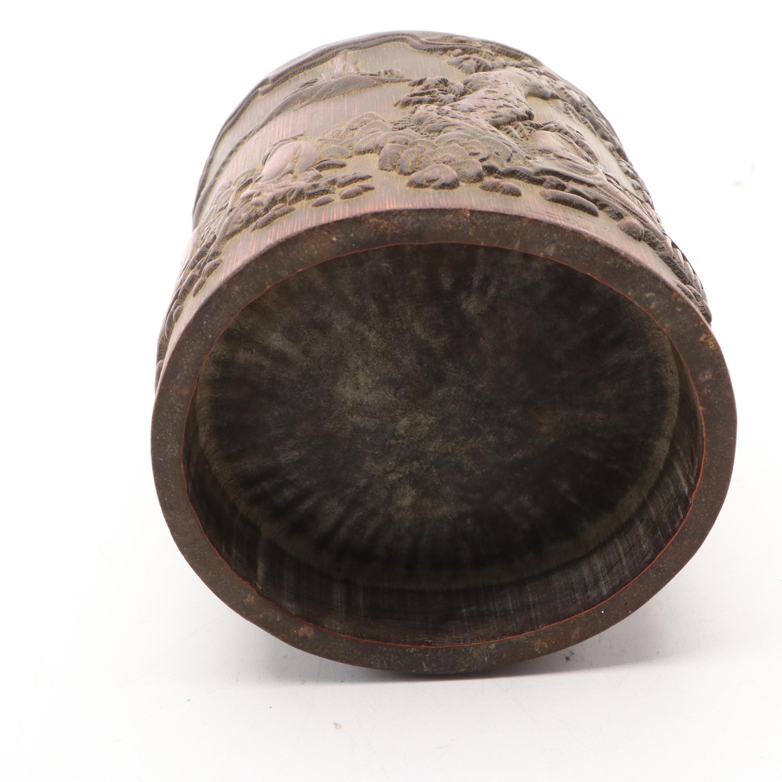 Chinese Bamboo Hand-Carved Scholar Motif Brush Pot