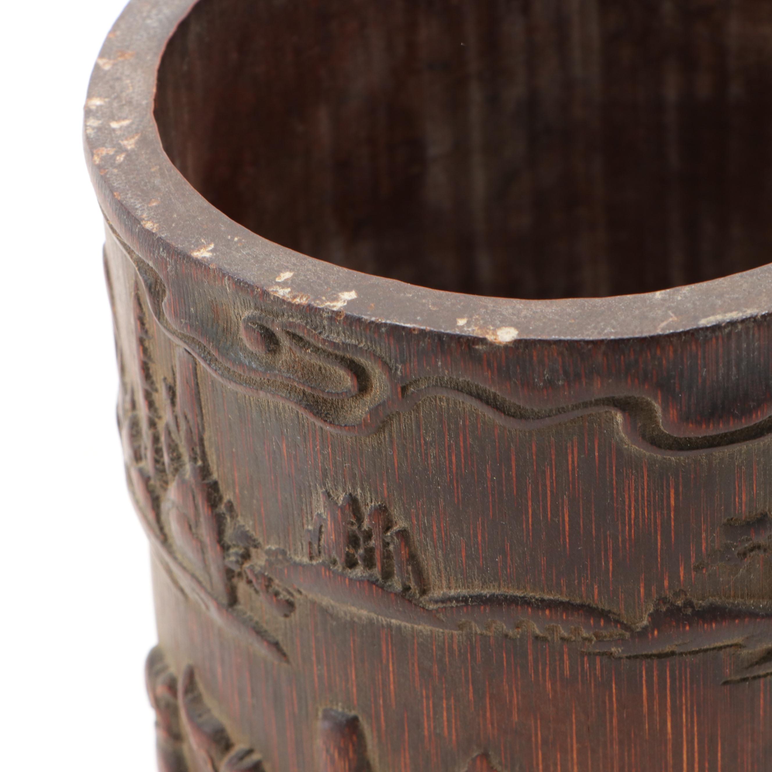 Chinese Bamboo Hand-Carved Scholar Motif Brush Pot