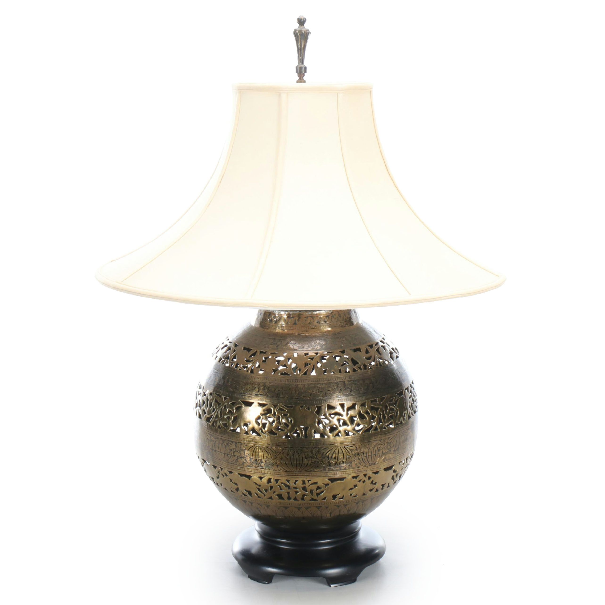 Indo-Persian Style Pierced Brass Elephant Pattern Censer Orb Table Lamp