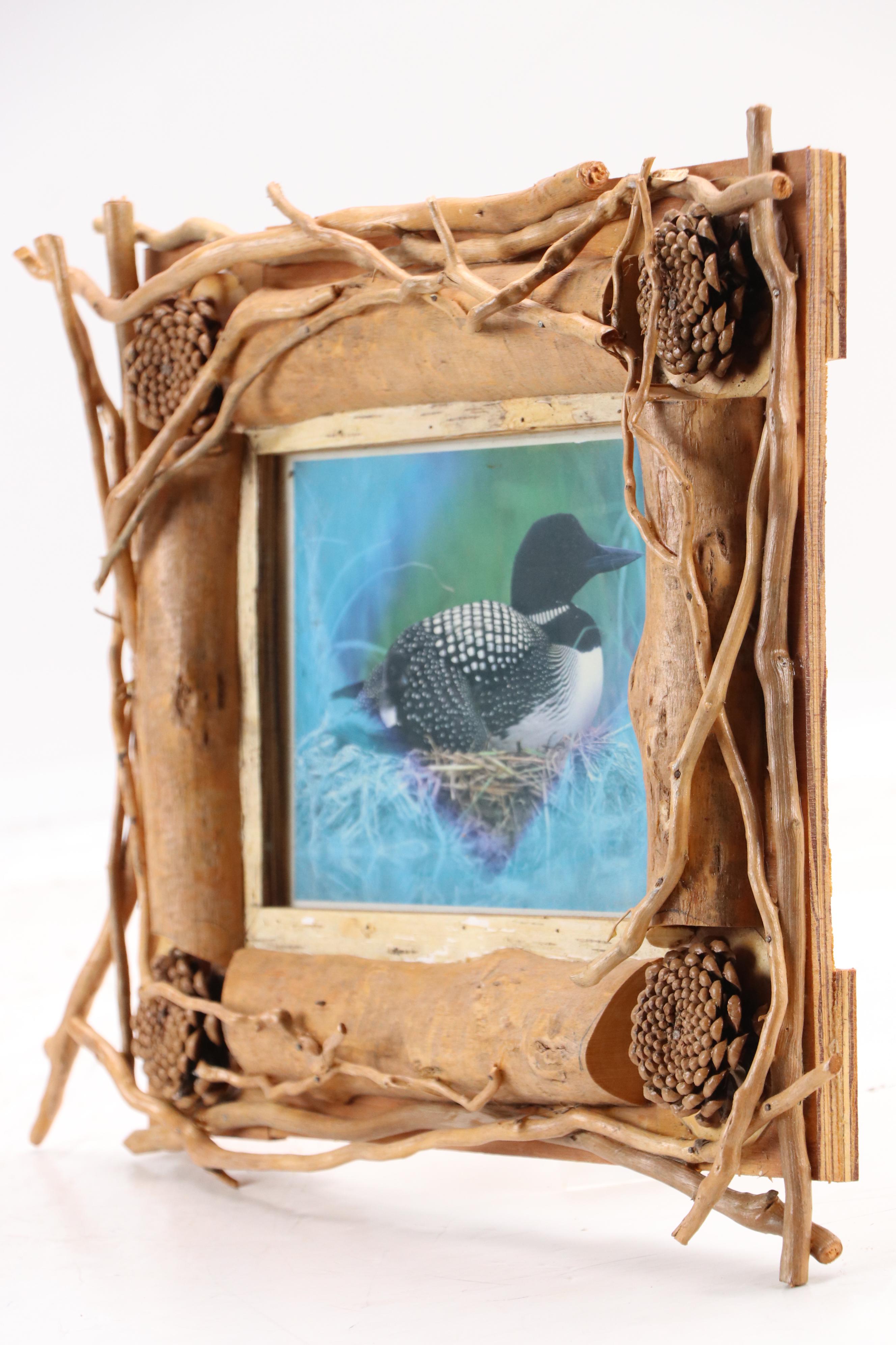 Robert Beaven Handmade Folk Art Wooden Frame With Print of Loon, 20th Century